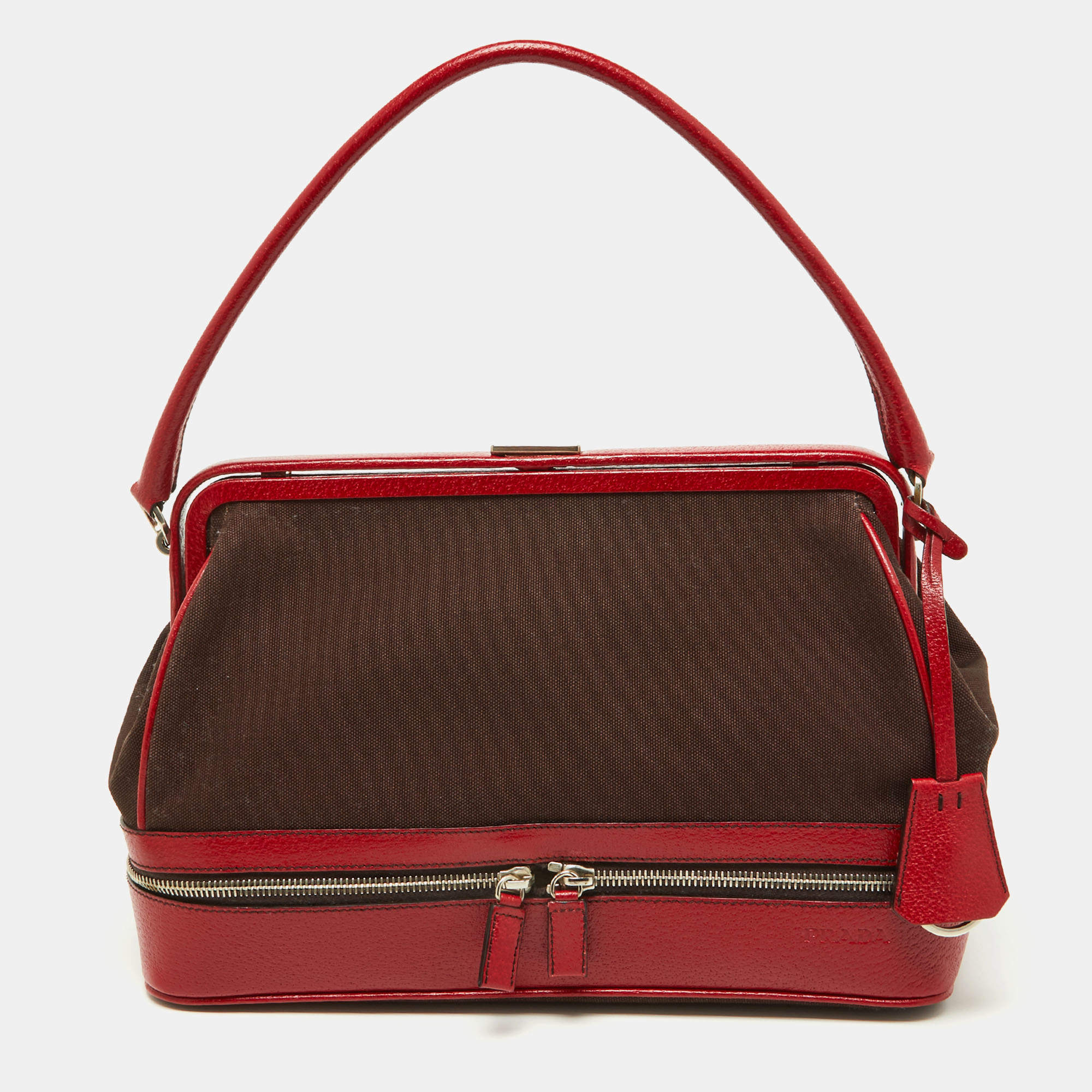Pre Owned Prada Red/Brown Canvas and Leather Frame Doctor's Bag