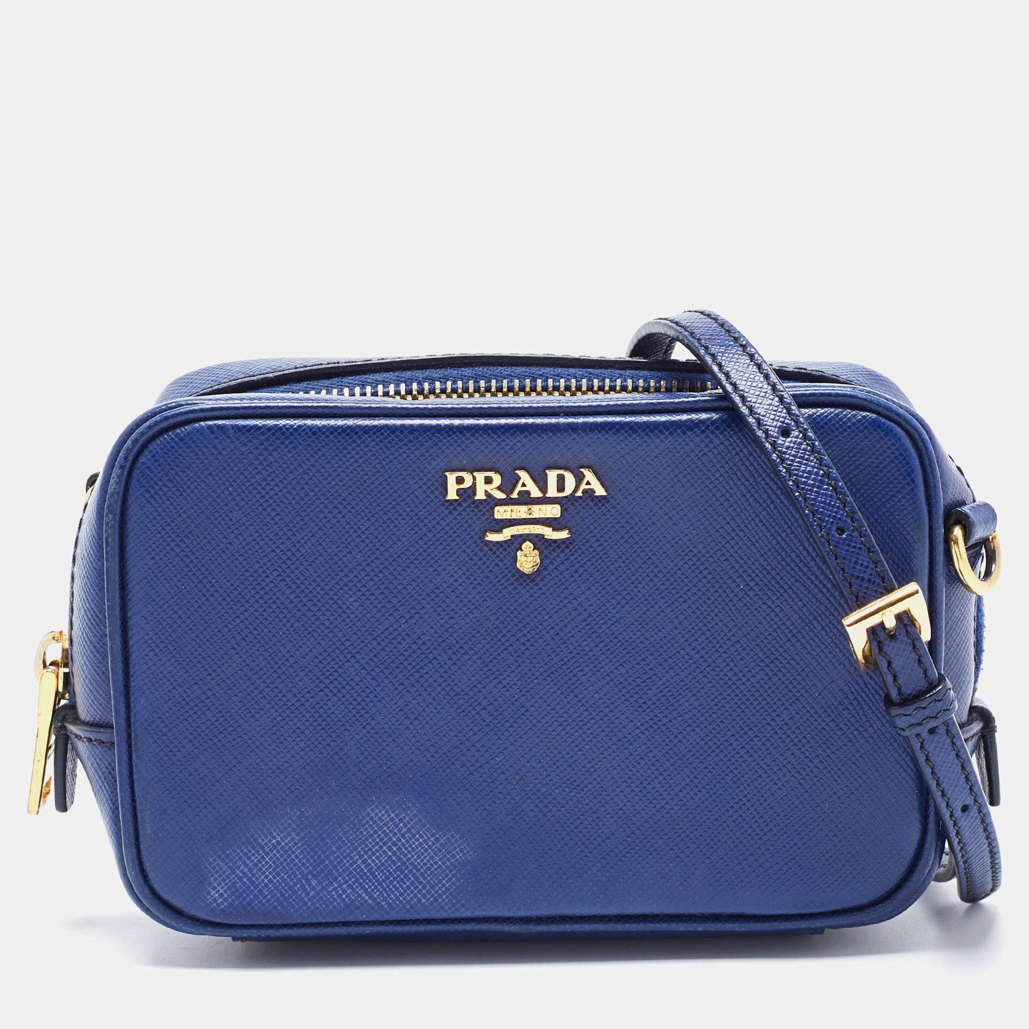 Pre Owned Prada Blue Saffiano Lux Leather Mini Camera Crossbody Bag