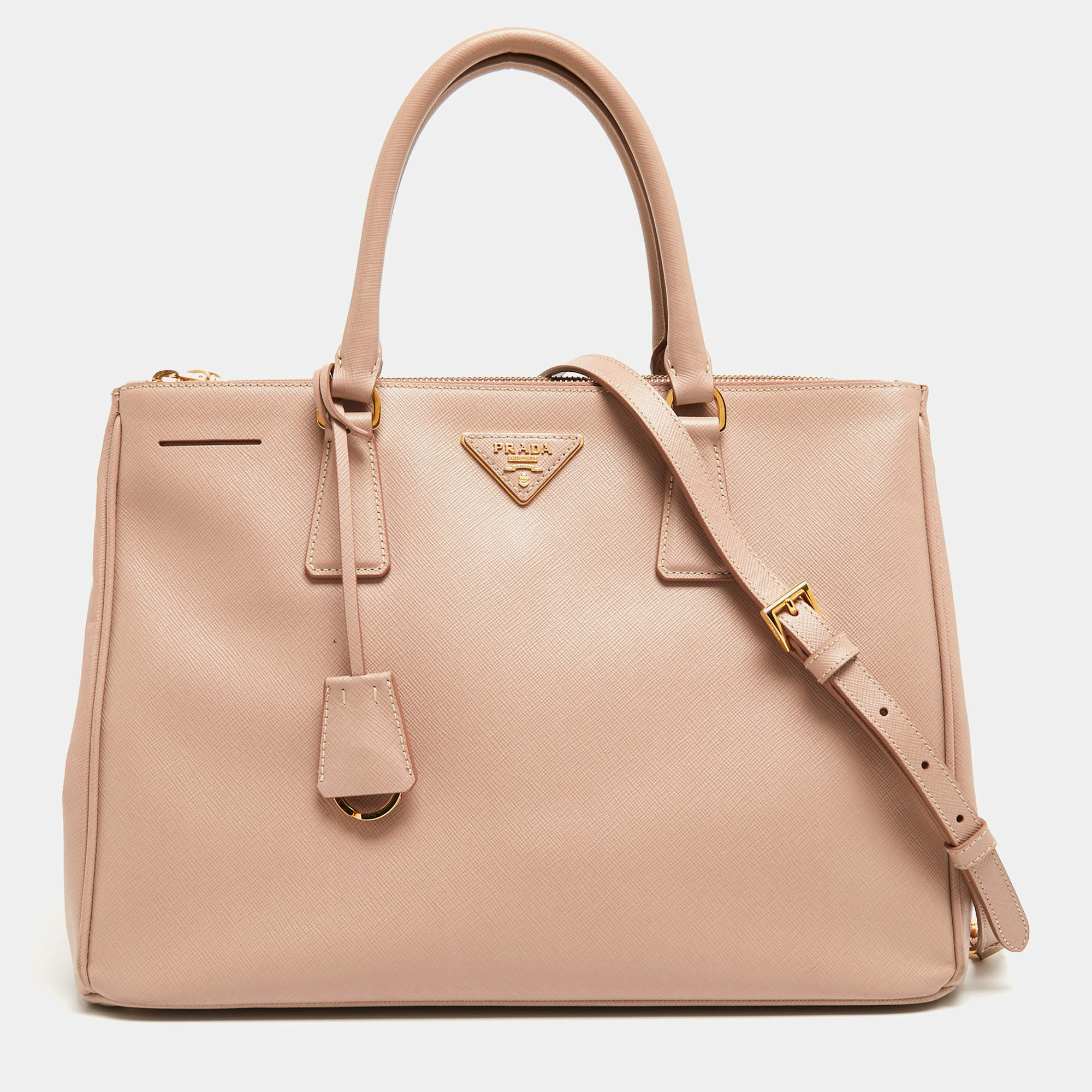 Pre Owned Prada Beige Saffiano Leather Medium Galleria Double Zip Tote
