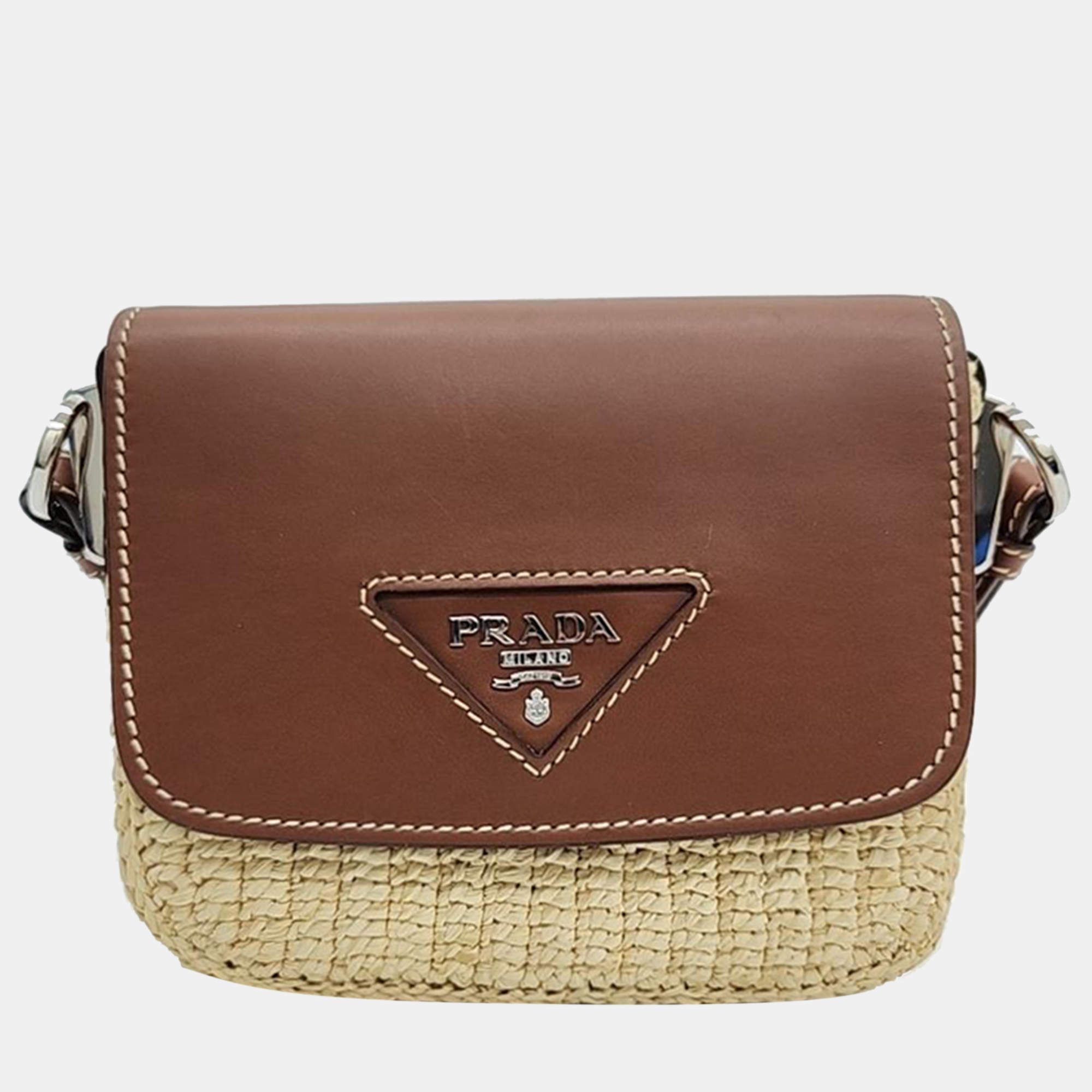 Pre Owned Prada Raffia Vitello Shoulder Bag (1BD243)