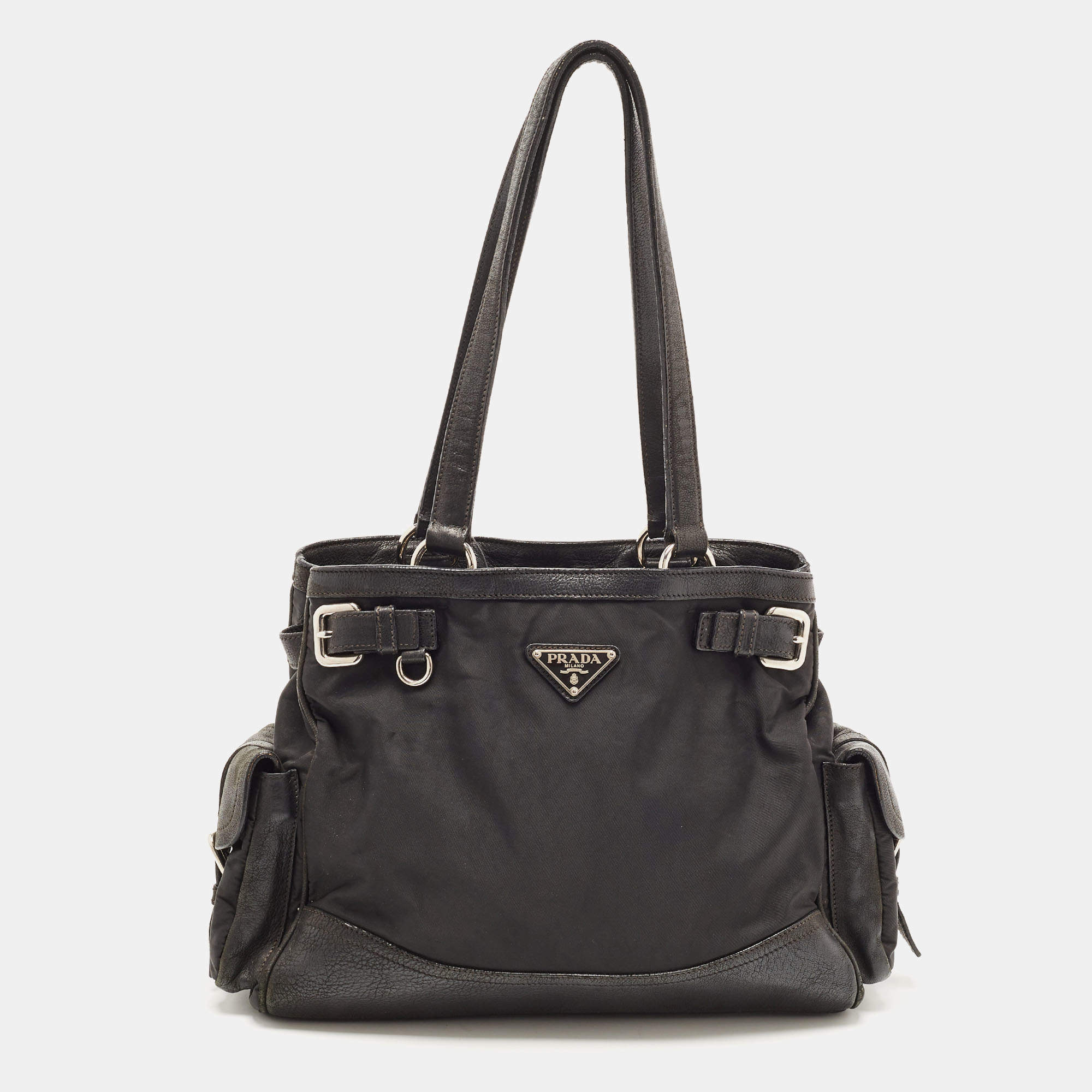 Pre Owned Prada Black Nylon and Leather Buckle Tote