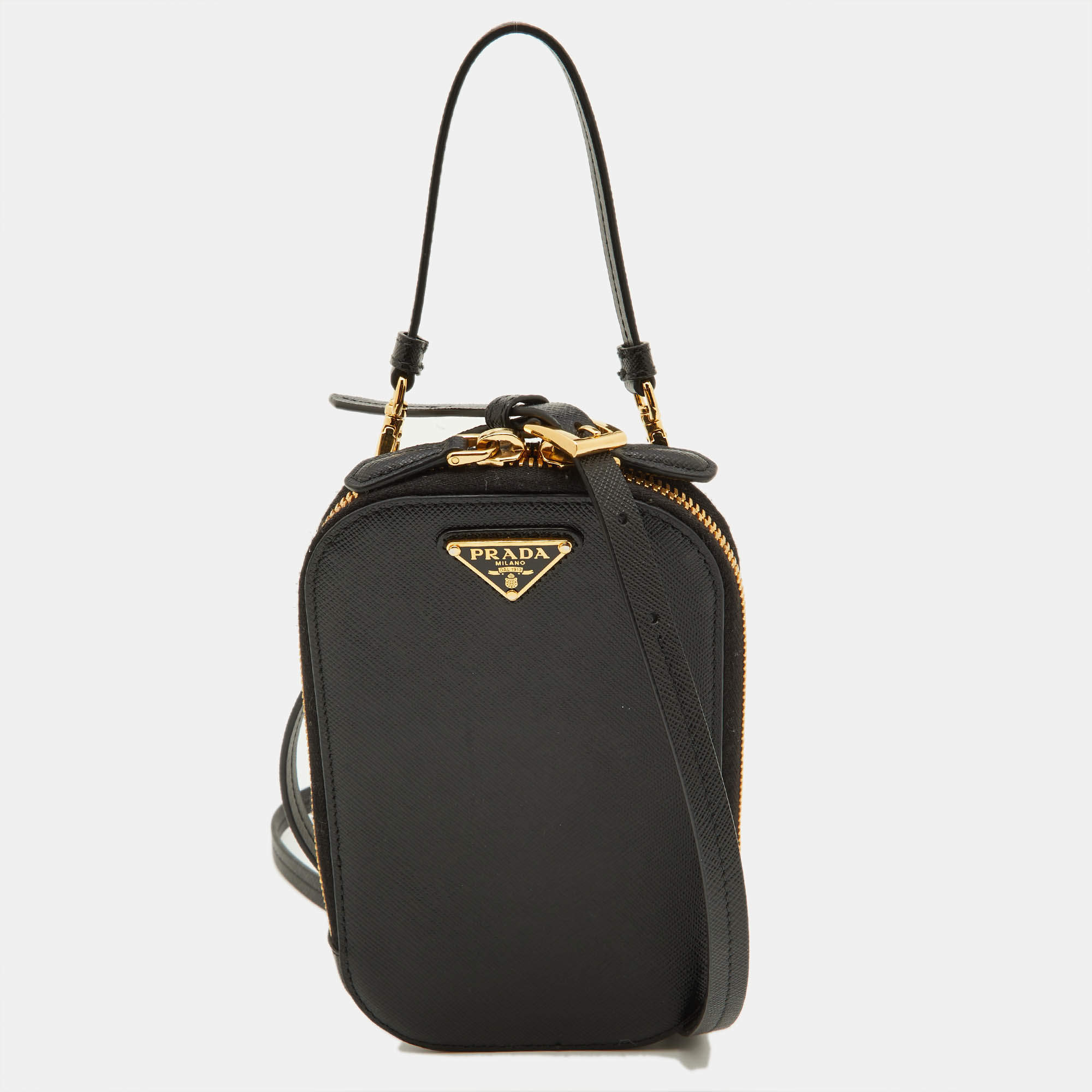 Pre Owned Prada Black Saffiano Lux Leather Logo Phone Crossbody Bag