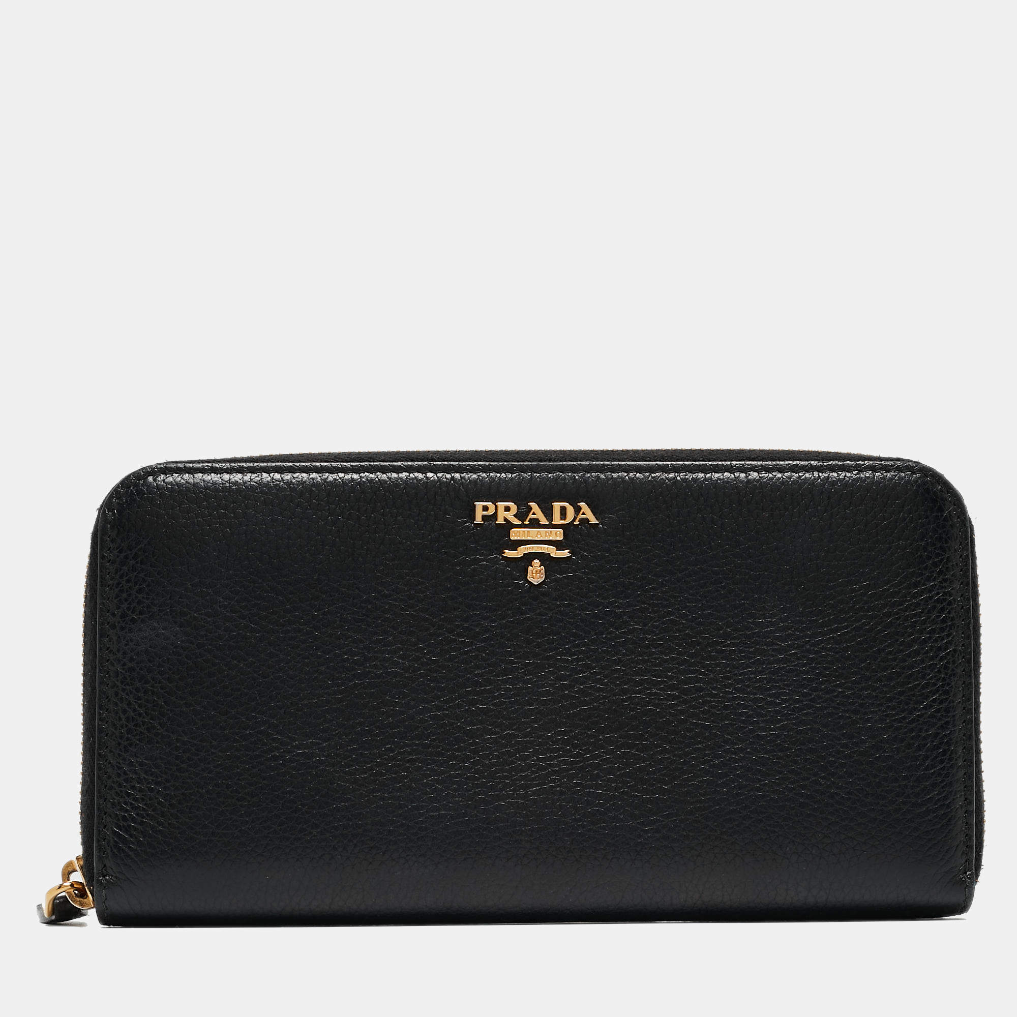 Prada Black Vitello Diano Leather Zip Around Continental Wallet