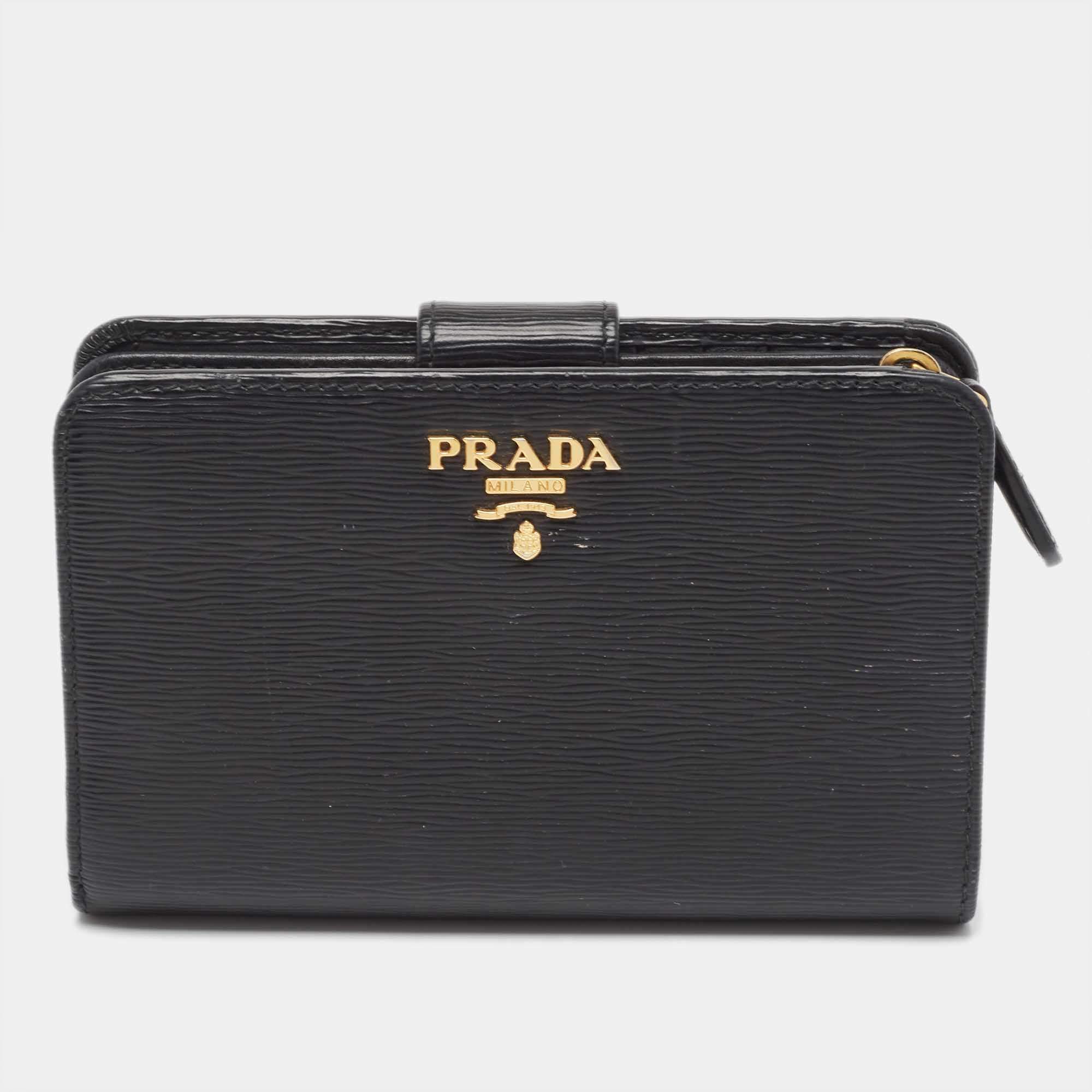Prada Black Vitello Move Leather French Compact Wallet