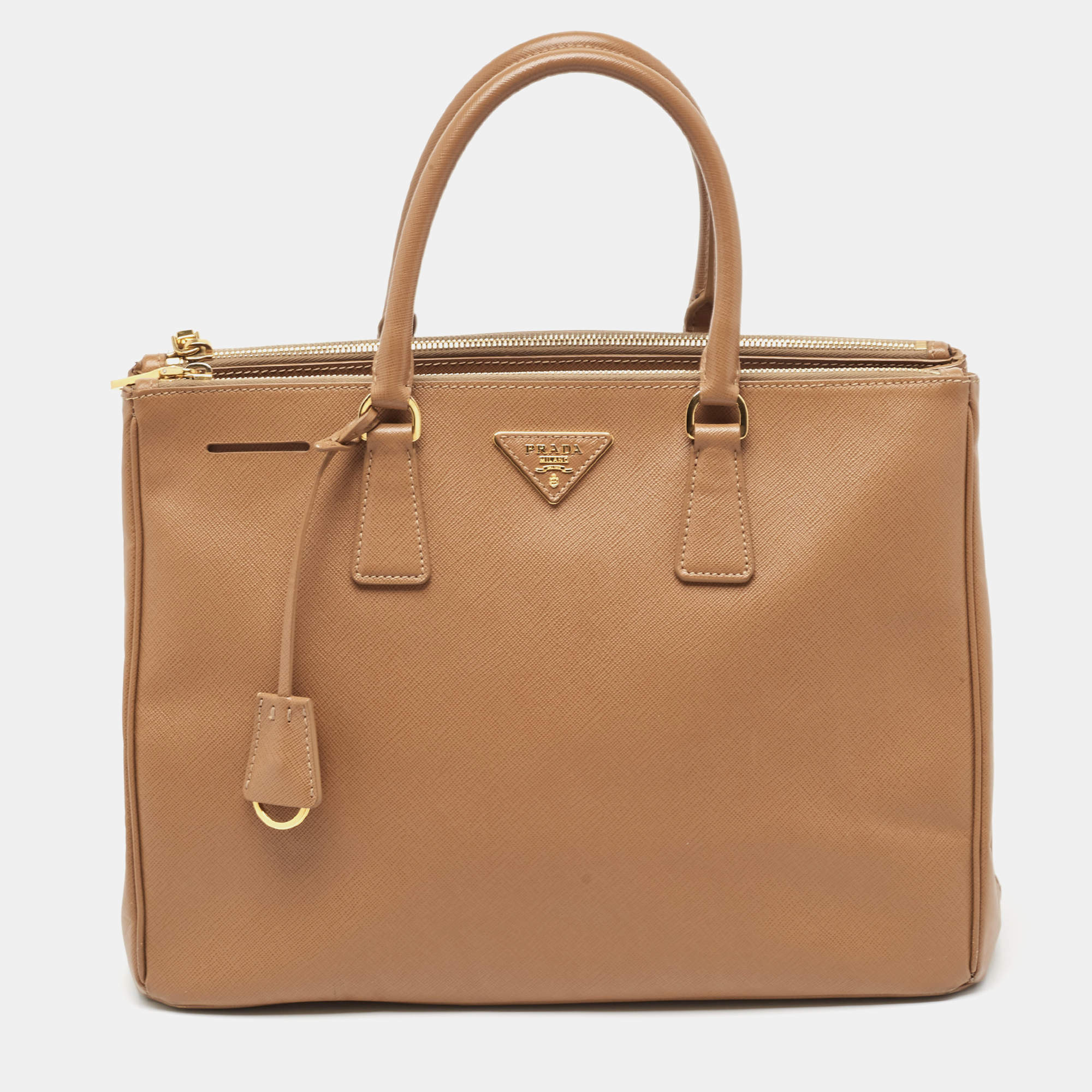 Pre Owned Prada Brown Saffiano Lux Leather Large Double Zip Tote