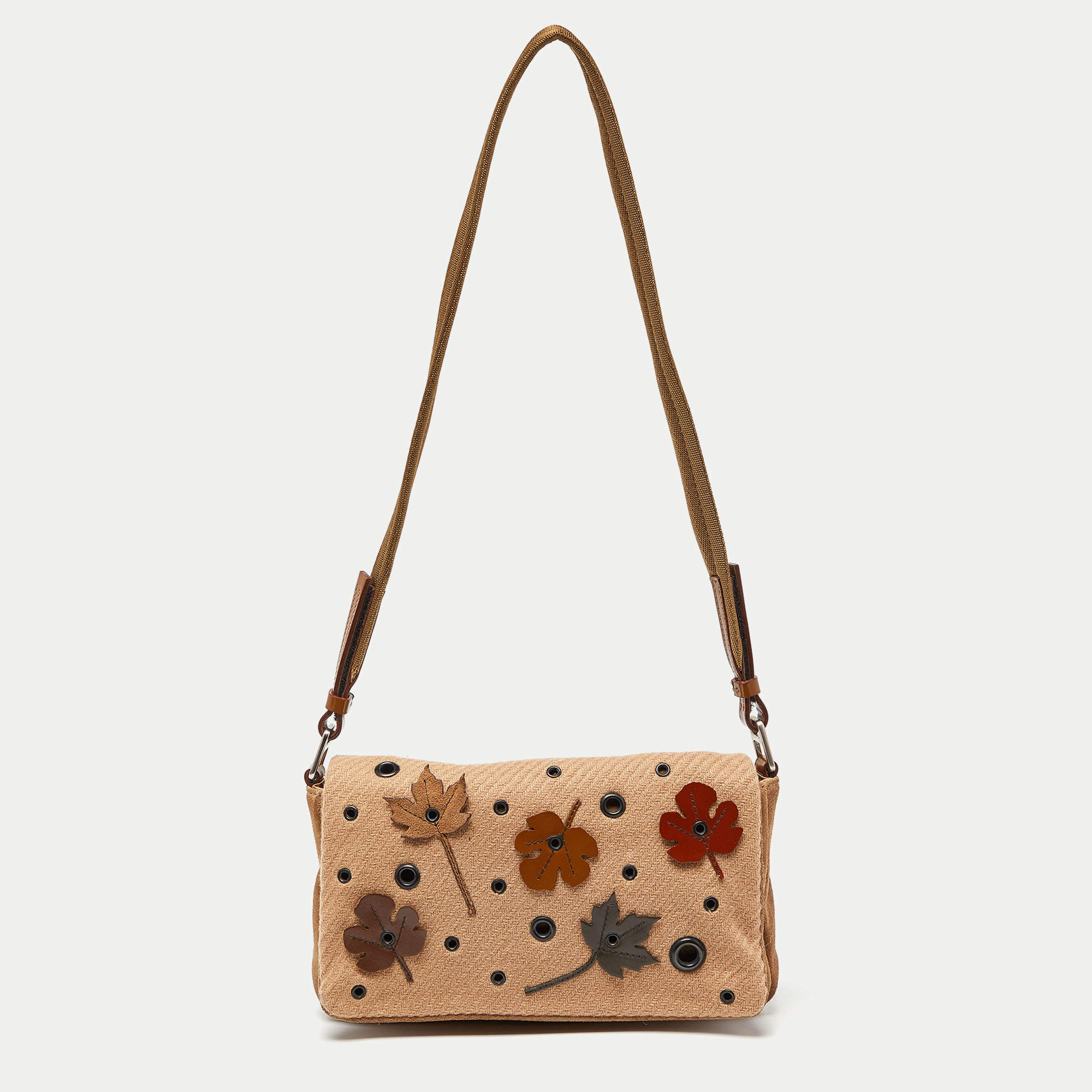 Pre Owned Prada Brown Suede,Wool and Mesh Flap Shoulder Bag