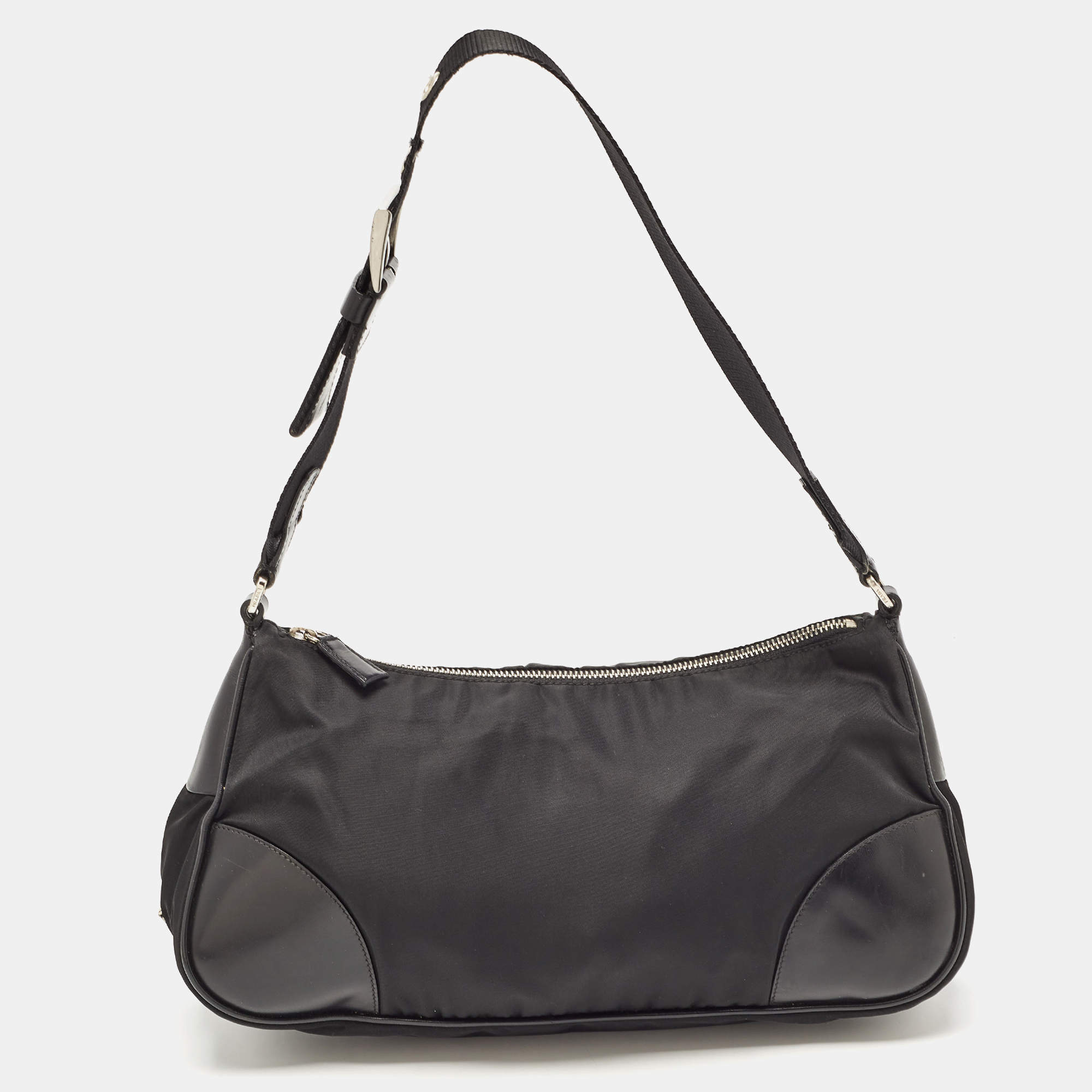 Pre Owned Prada Black Nylon Tessuto and Leather Baguette Bag