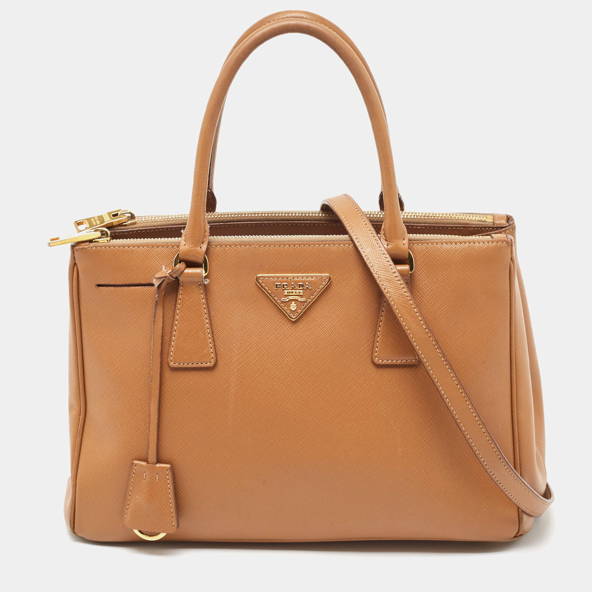Pre Owned Prada Brown Saffiano Lux Leather Small Double Zip Tote