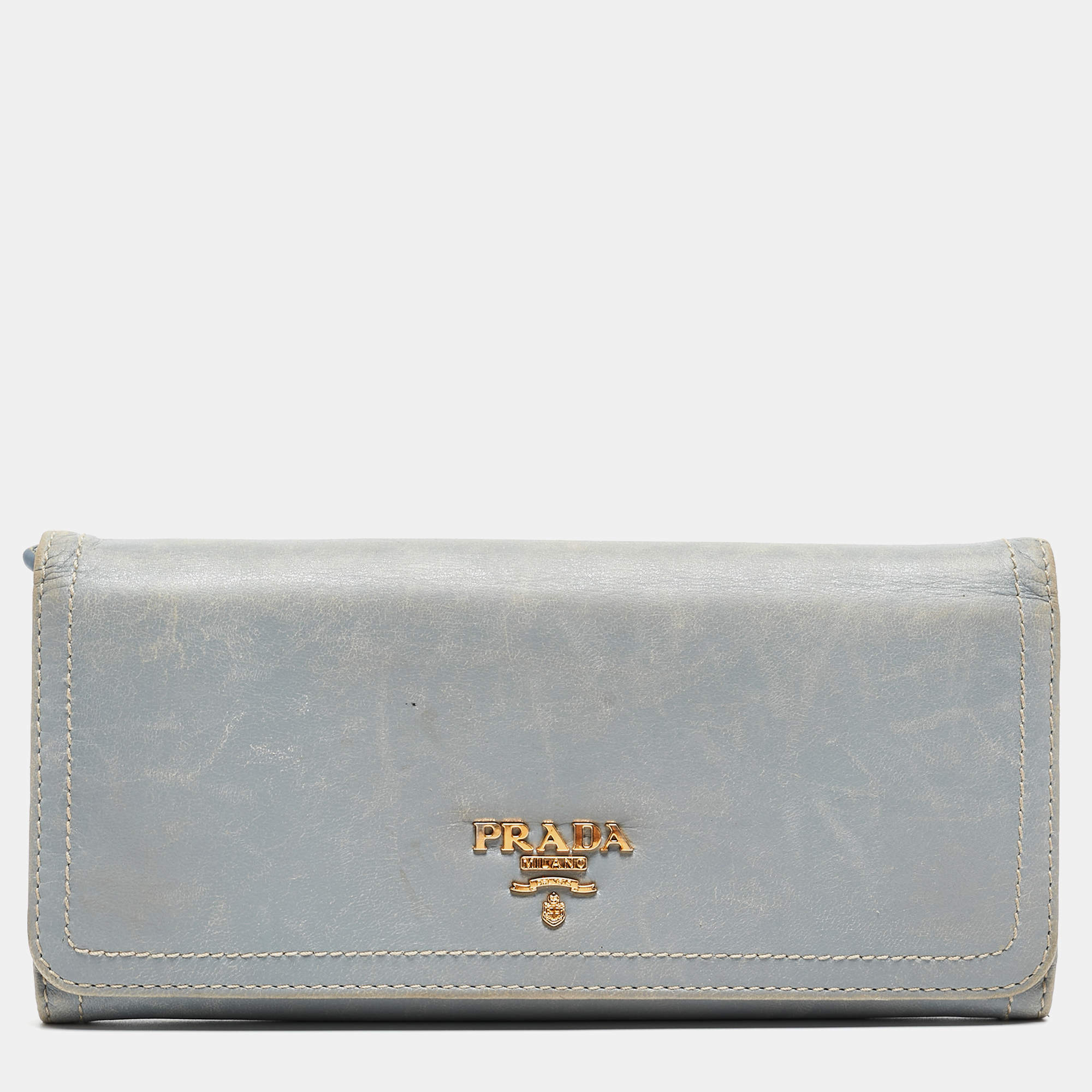 Prada Light Blue Leather Logo Flap Continental Wallet