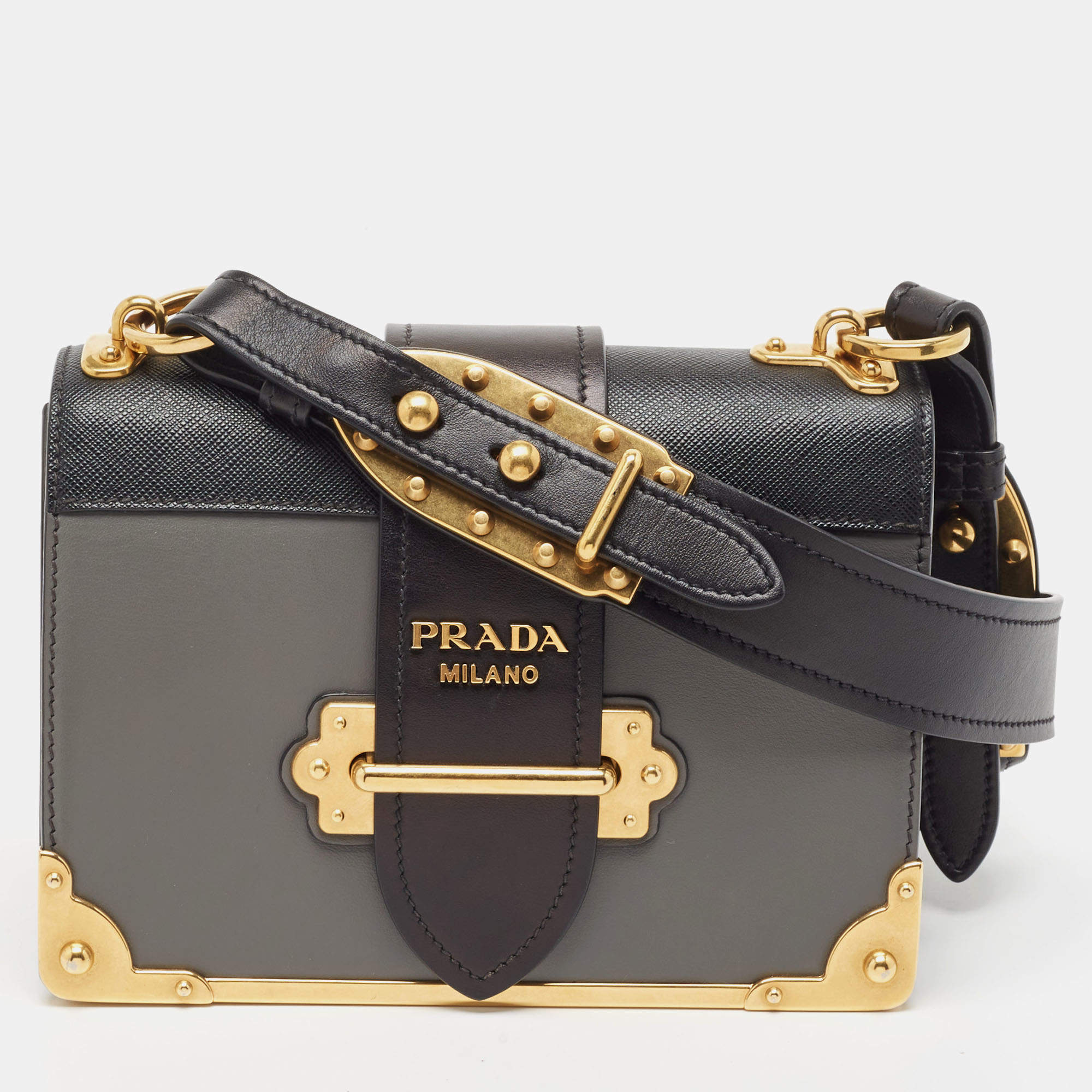 Prada Black/Grey Saffiano Leather Cahier Flap Shoulder Bag