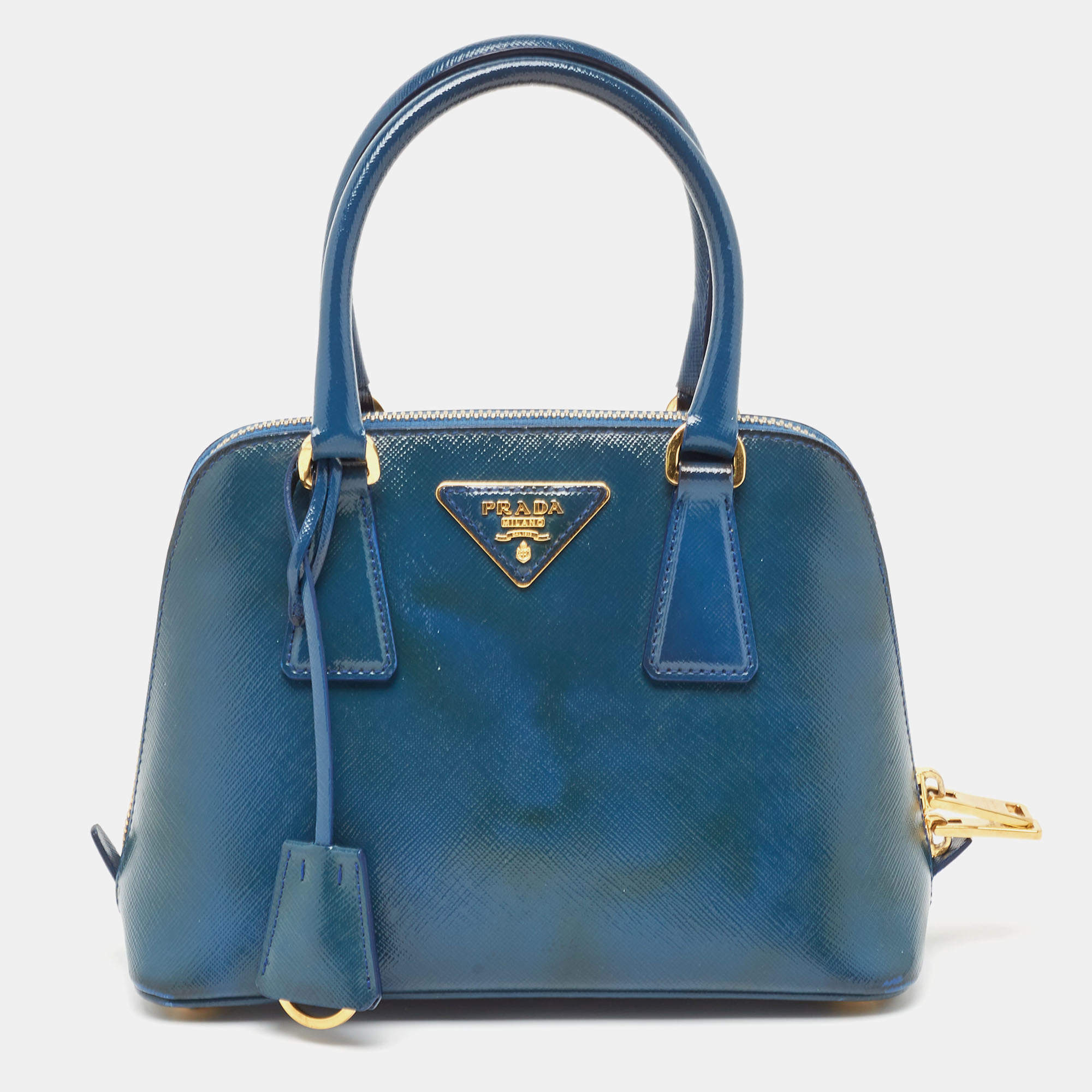 Pre Owned Prada Blue Saffiano Patent Leather Small Promenade Satchel