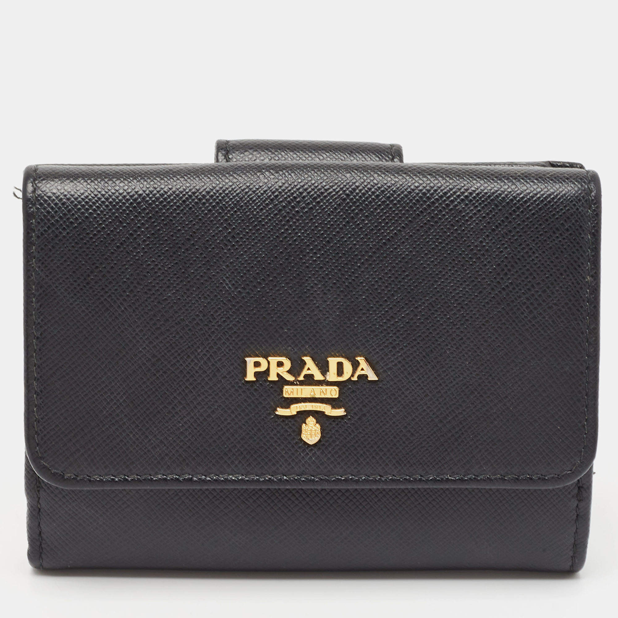 Pre Owned Prada Black Saffiano Metal Leather Logo Compact Wallet