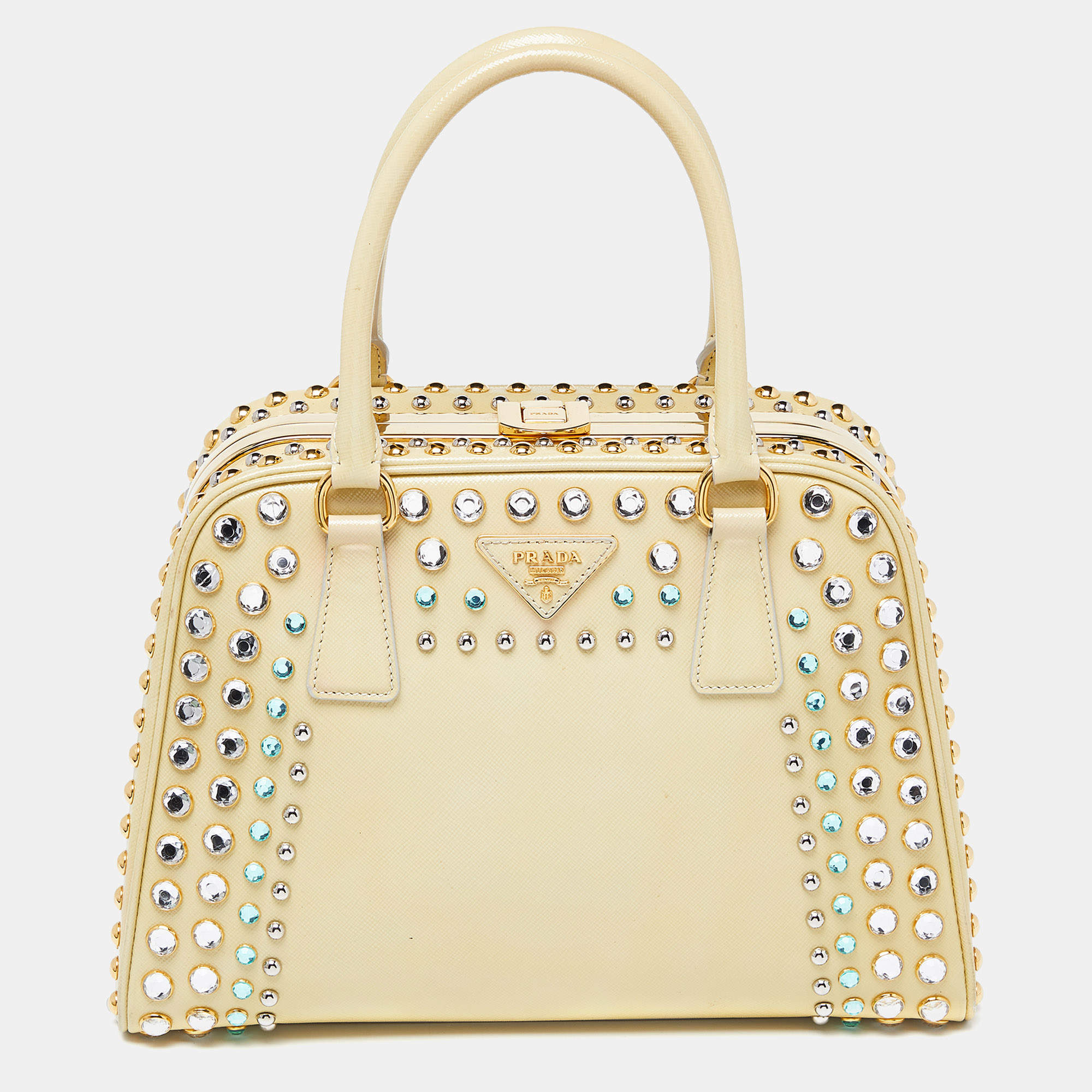 Pre Owned Prada Light Yellow Saffiano Lux Patent Leather Studded Pyramid Frame Satchel