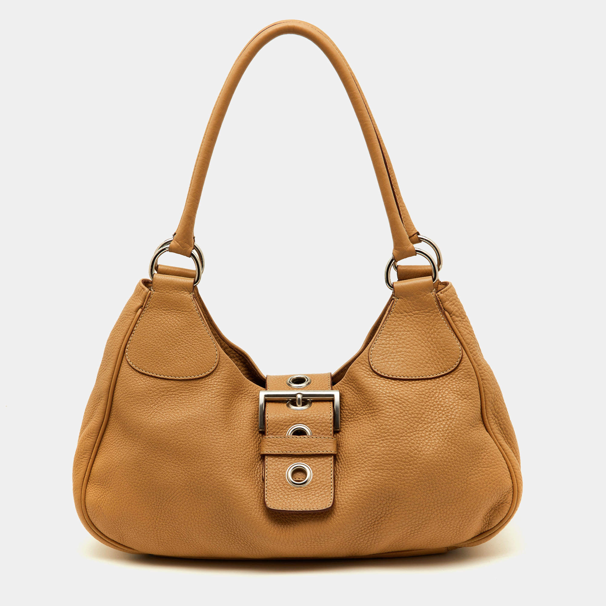 Prada Beige Vitello Daino Leather Buckle Flap Hobo Prada | The Luxury ...