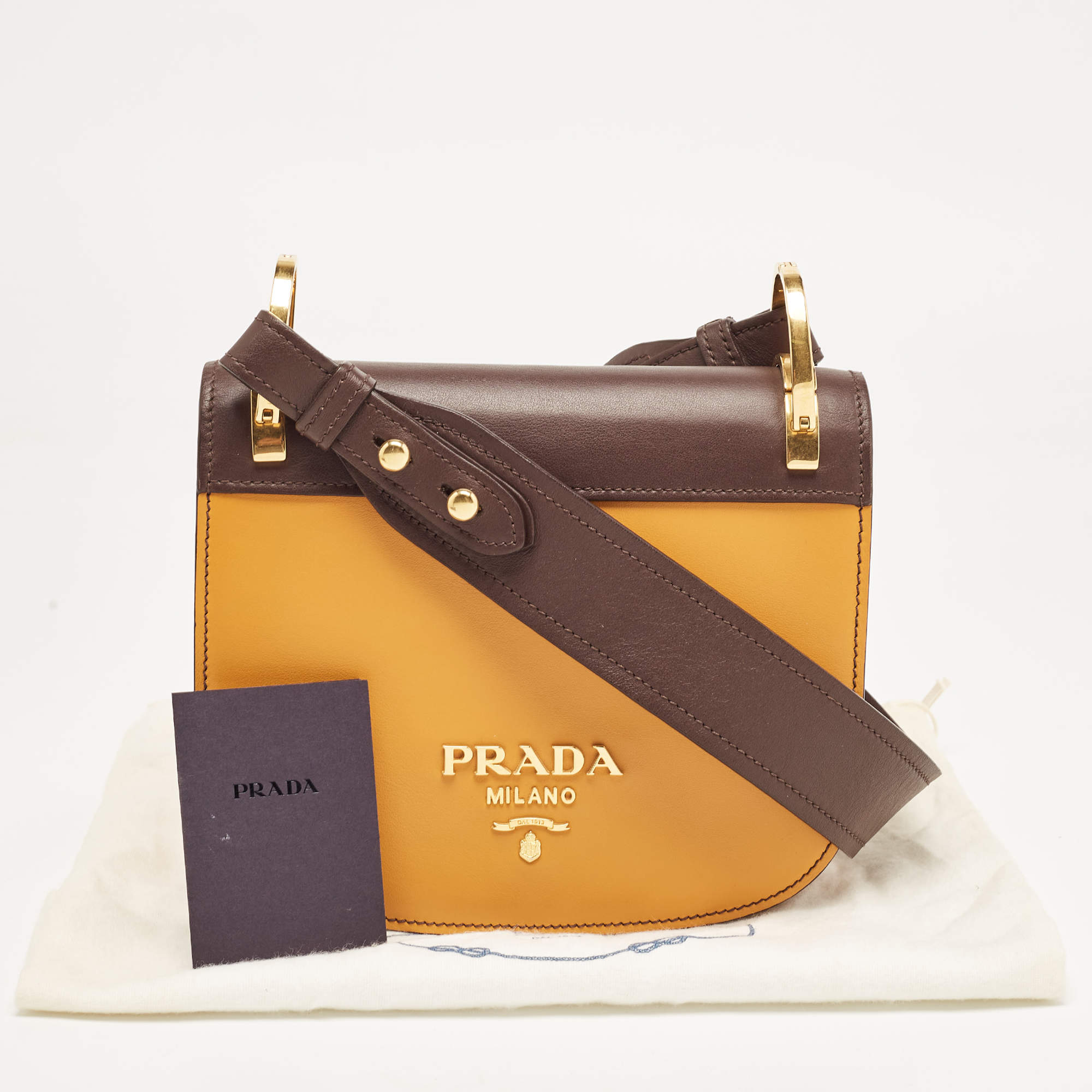 Prada Mustard Yellow Choco Brown Leather Pionniere Saddle Bag