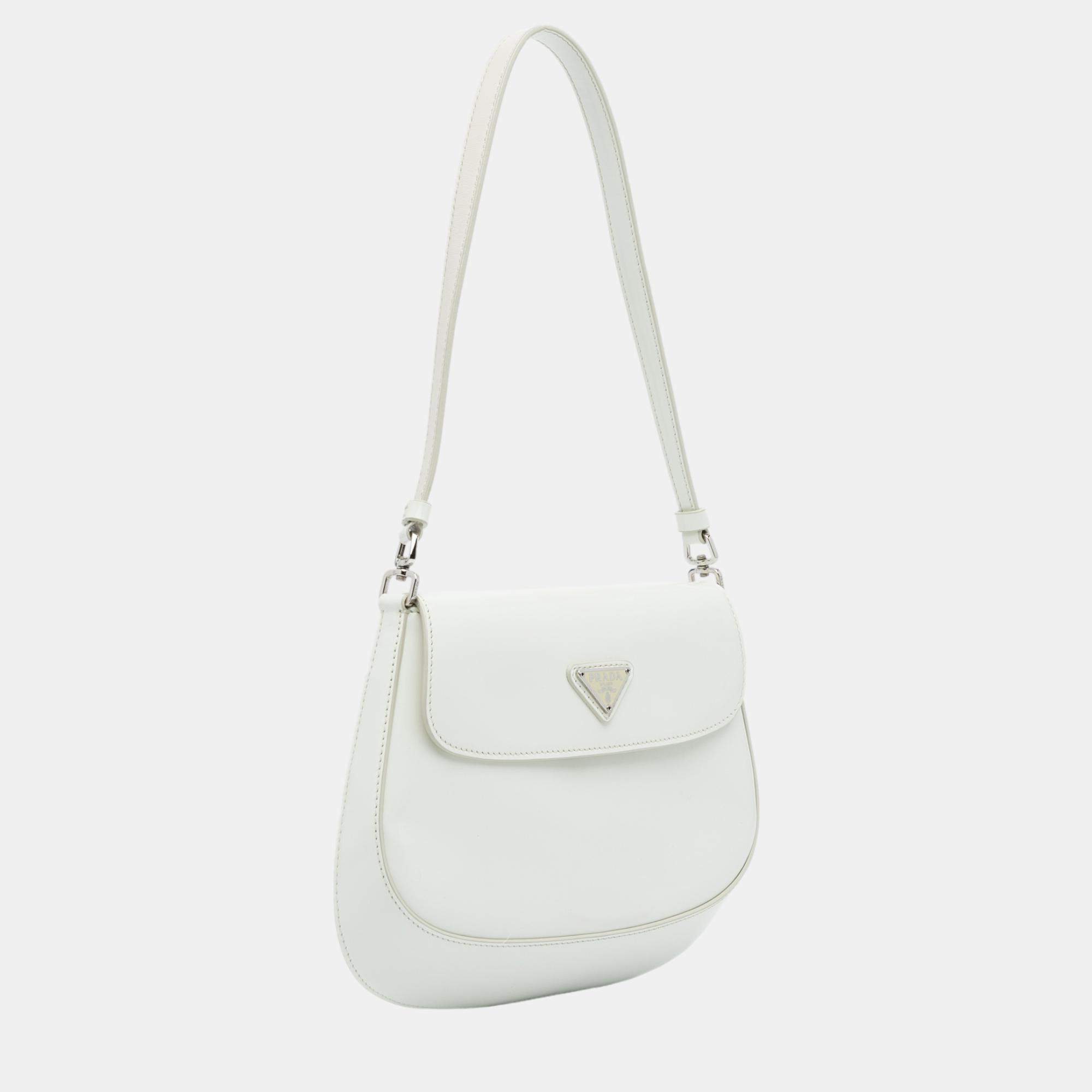 White Prada Cleo Brushed Leather Shoulder Bag