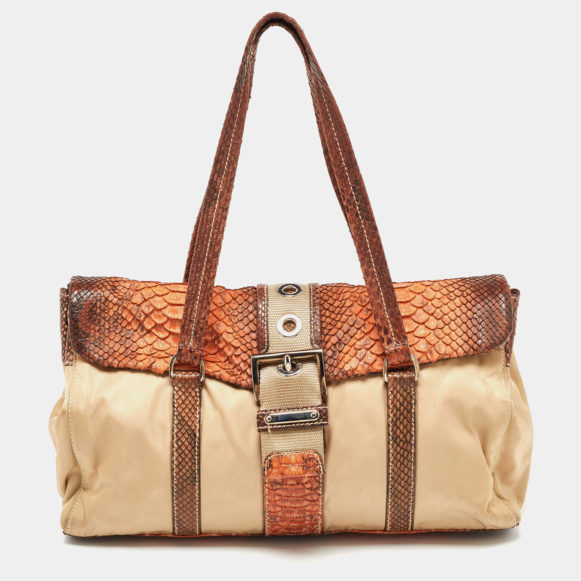 Pre Owned Prada Beige/Brown Nylon and Python Flap Tote