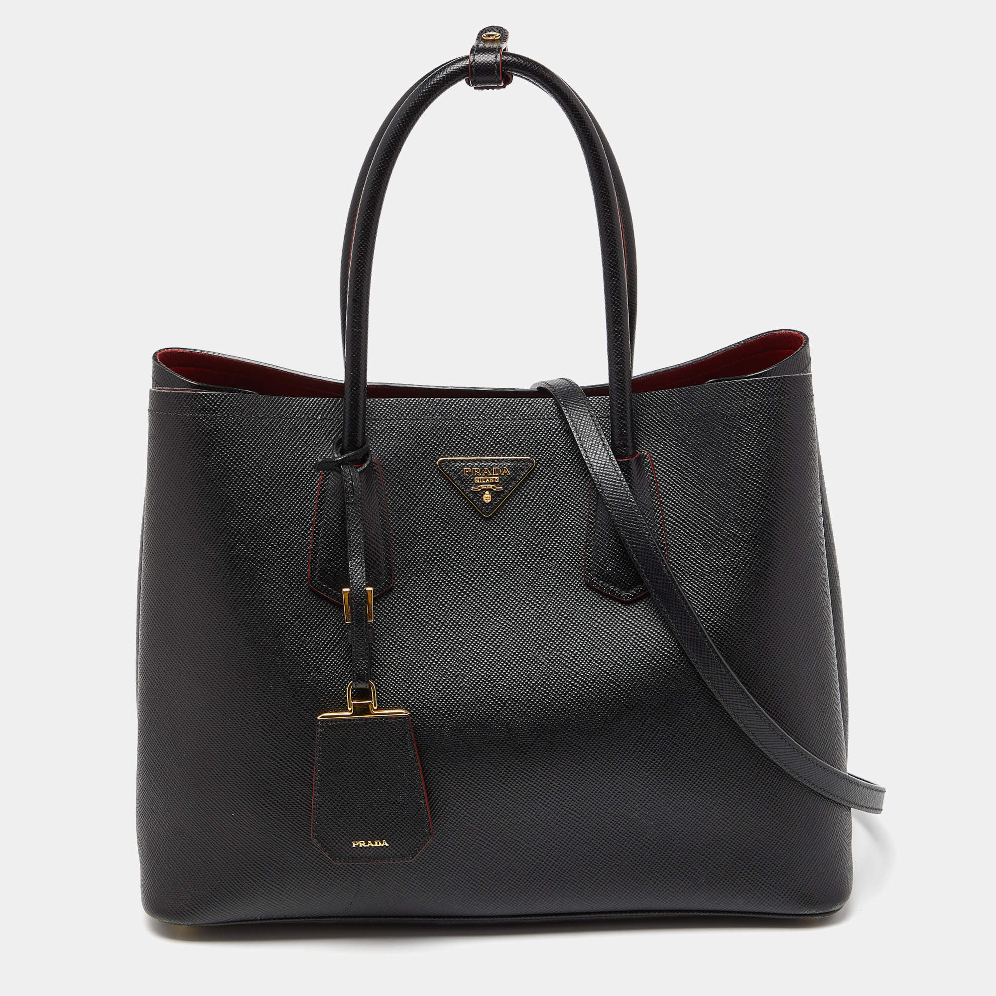 Pre Owned Prada Black Saffiano Cuir Leather Large Double Handle Tote
