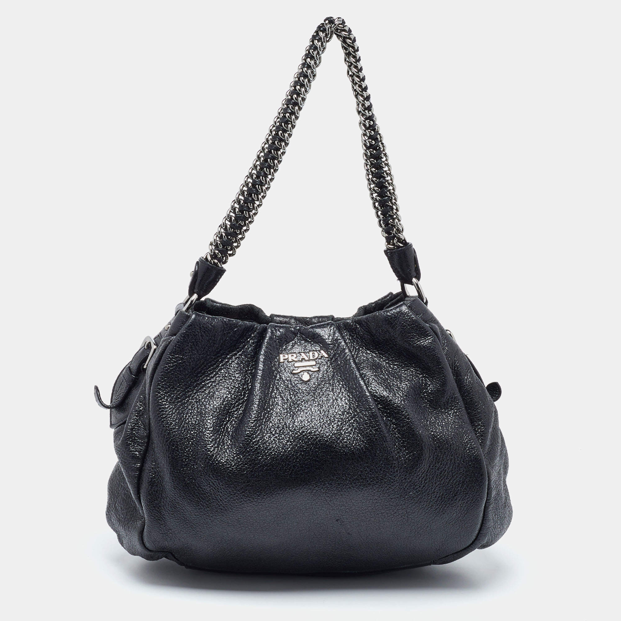 Prada Black Cervo Leather Chain Hobo