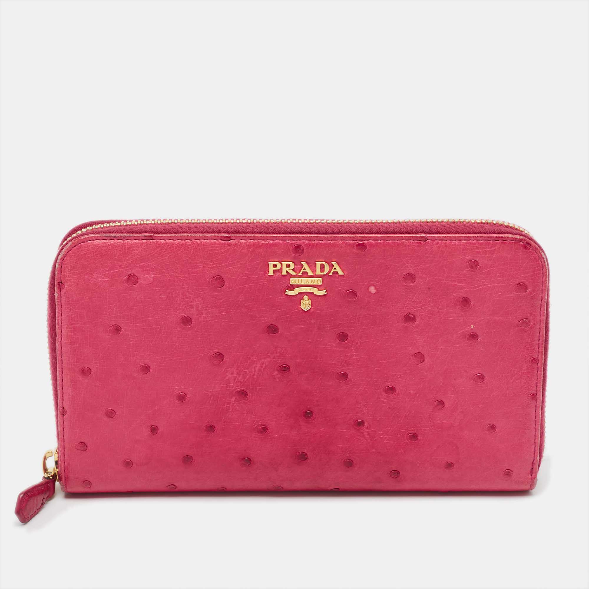 Prada Magenta Ostrich Zip Around Continental Wallet