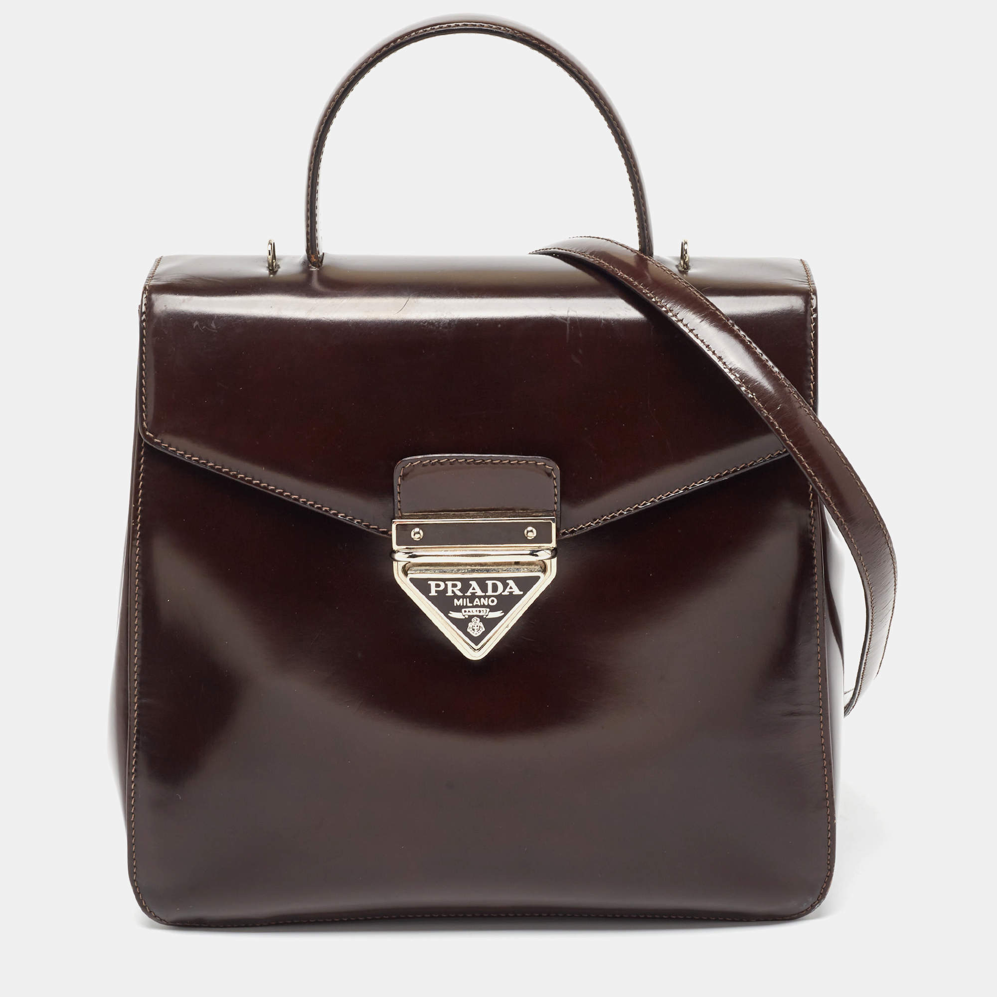Pre Owned Prada Brown Leather Flap Top Handle Bag