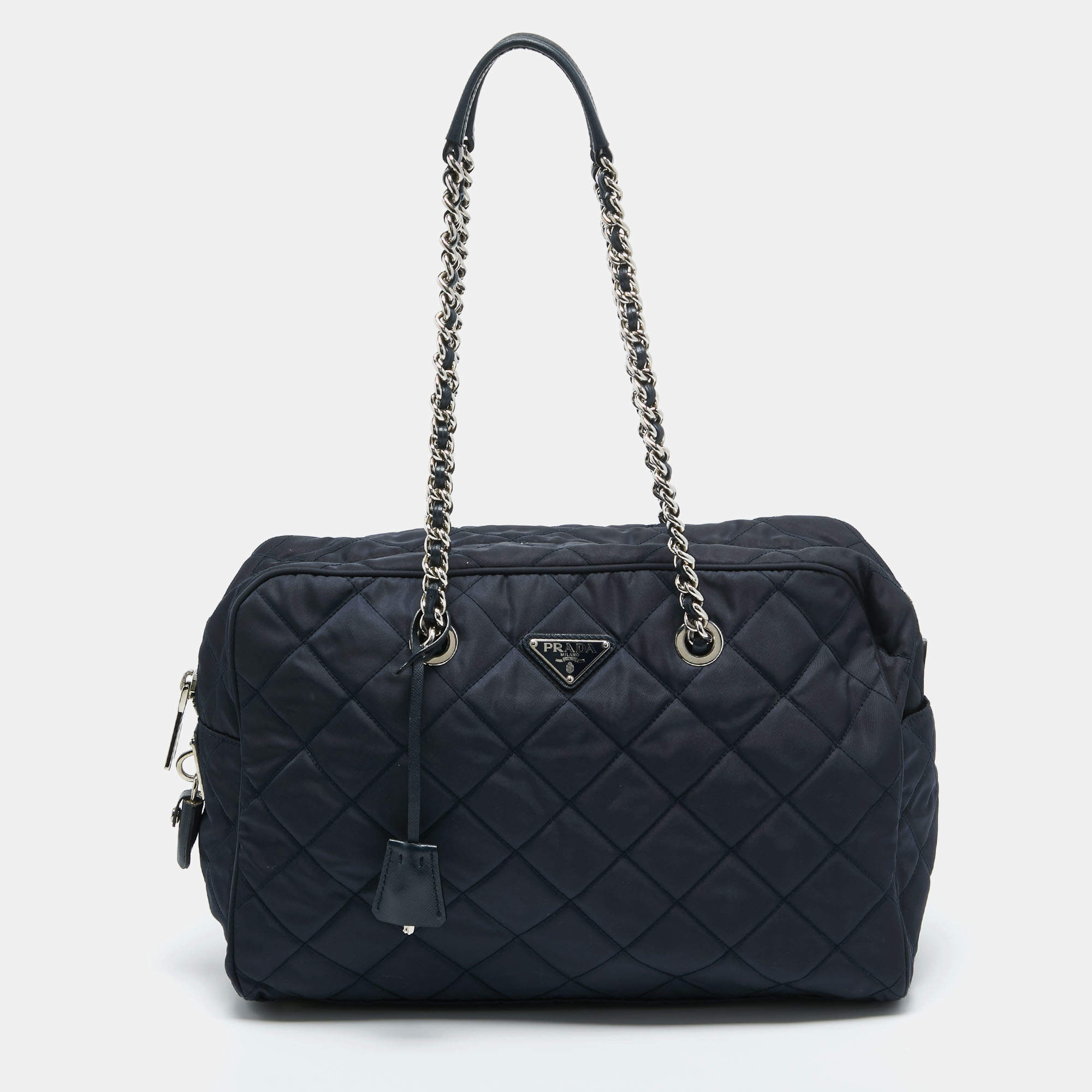Pre Owned Prada Navy Blue Quilted Tessuto Impuntu Satchel