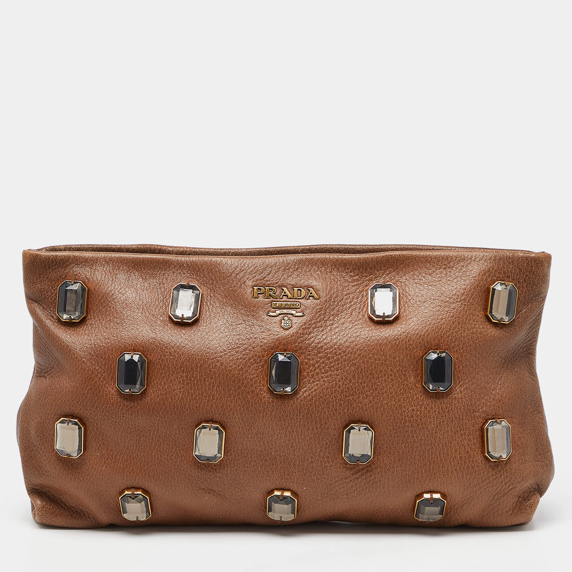 Prada Brown Leather Pietre Jeweled Clutch