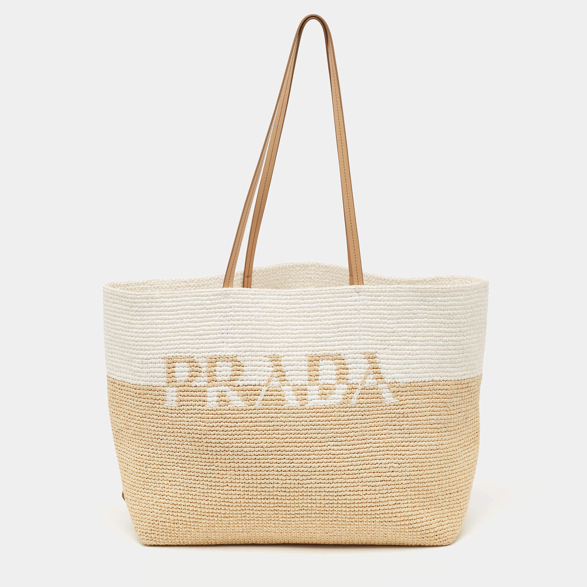 Pre Owned Prada White/Beige Crochet Straw and Leather Tote