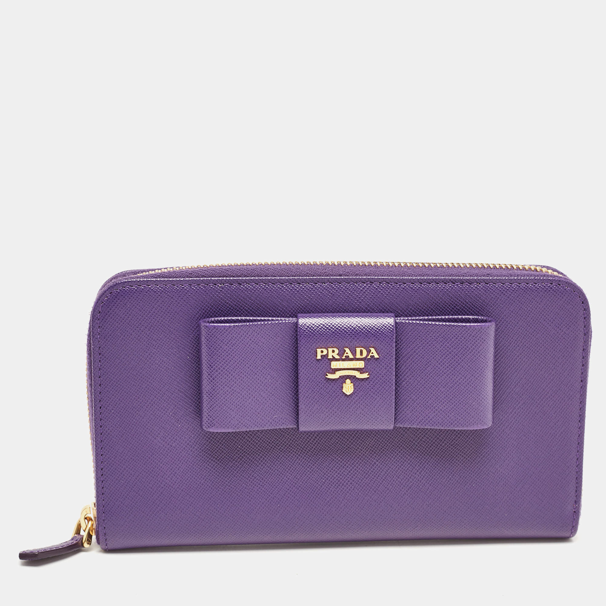 Prada Purple Saffiano Leather Bow Zip Around Wallet