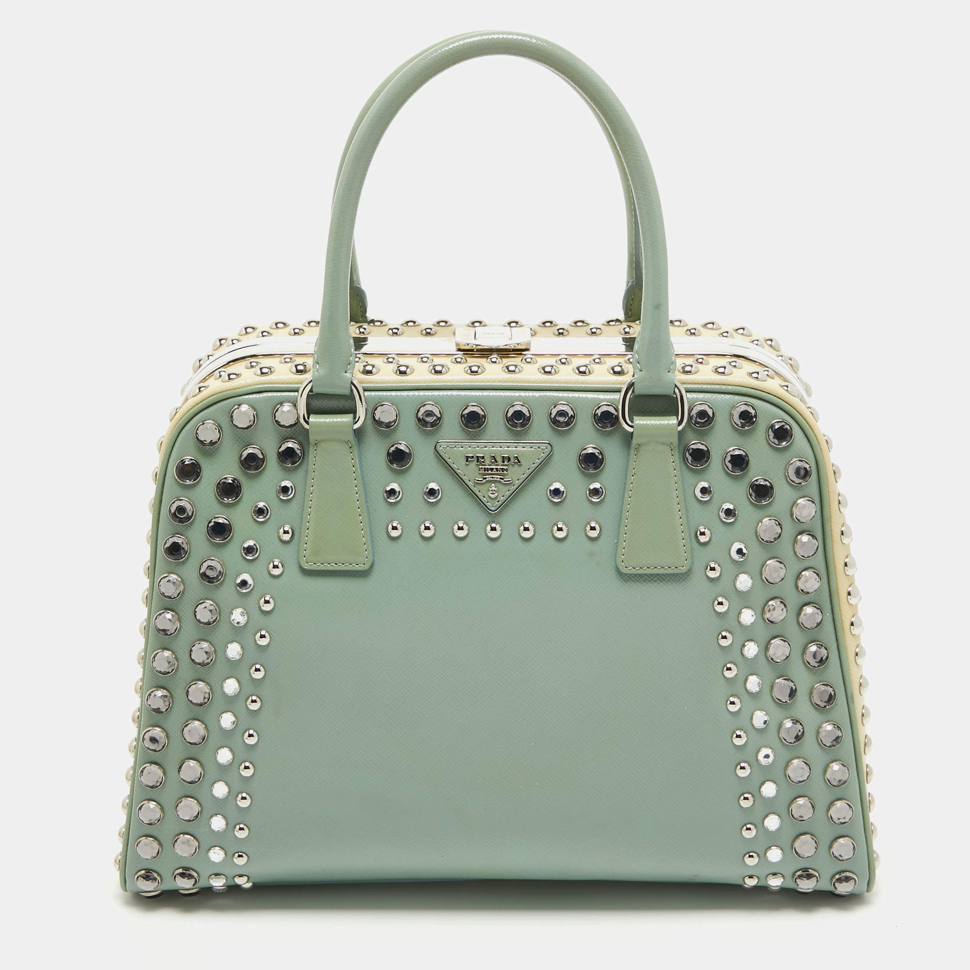 Pre Owned Prada Green/Cream Saffiano Patent Leather Studded Pyramid Frame Satchel