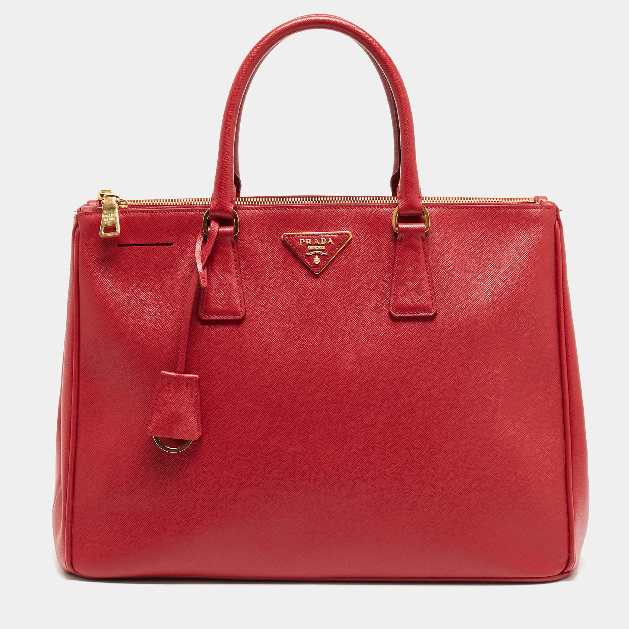 Pre Owned Prada Red Saffiano Leather Large Double Zip Tote