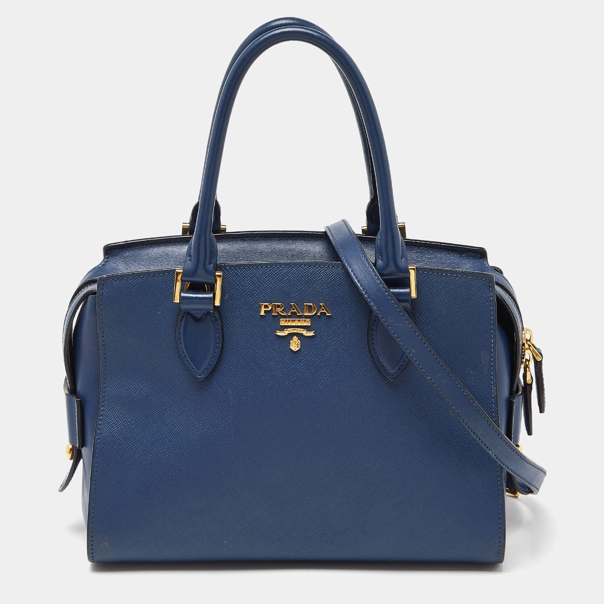 Pre Owned Prada Blue Saffiano/Soft Leather Double Handle Tote