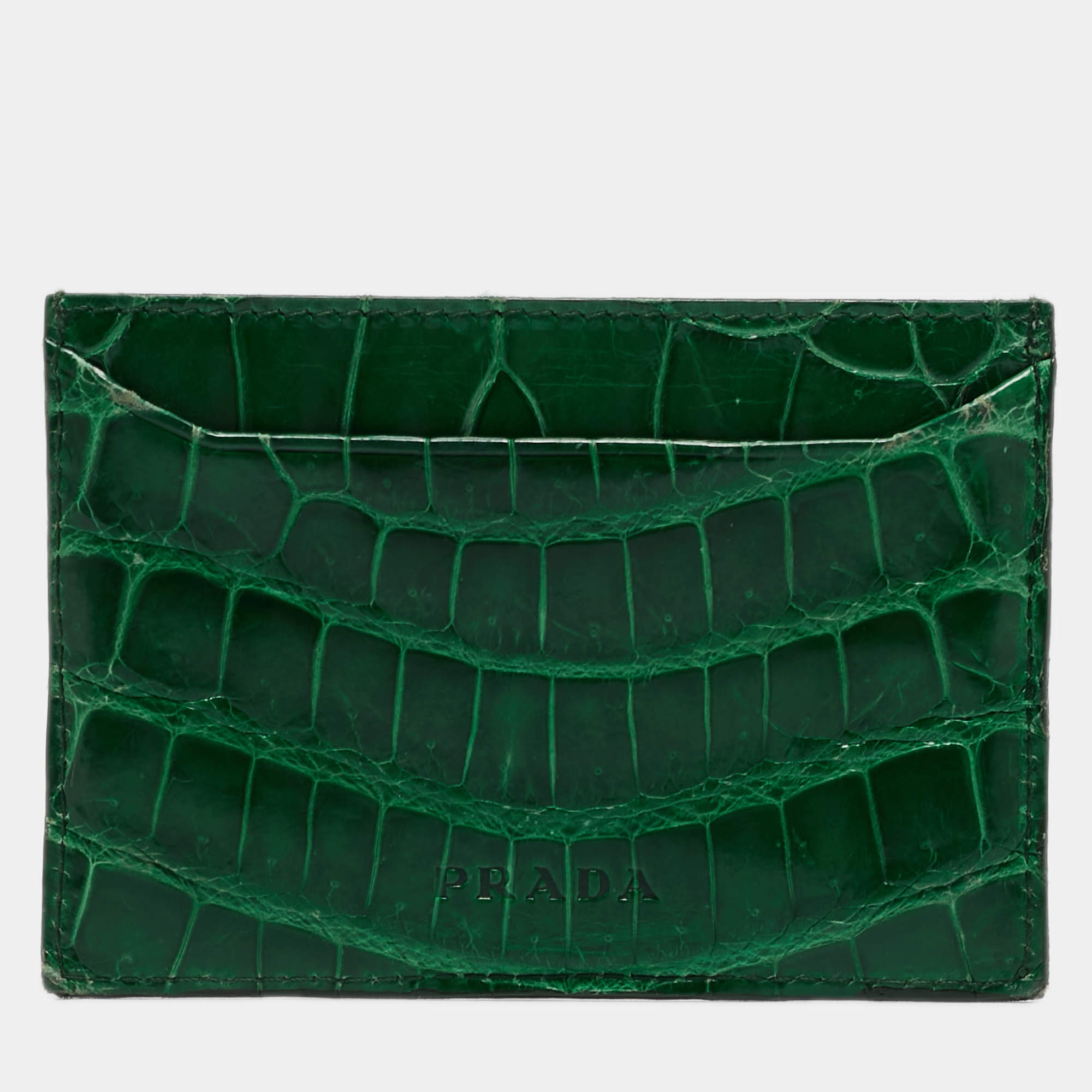 Pre Owned Prada Green Crocodile Card Holder