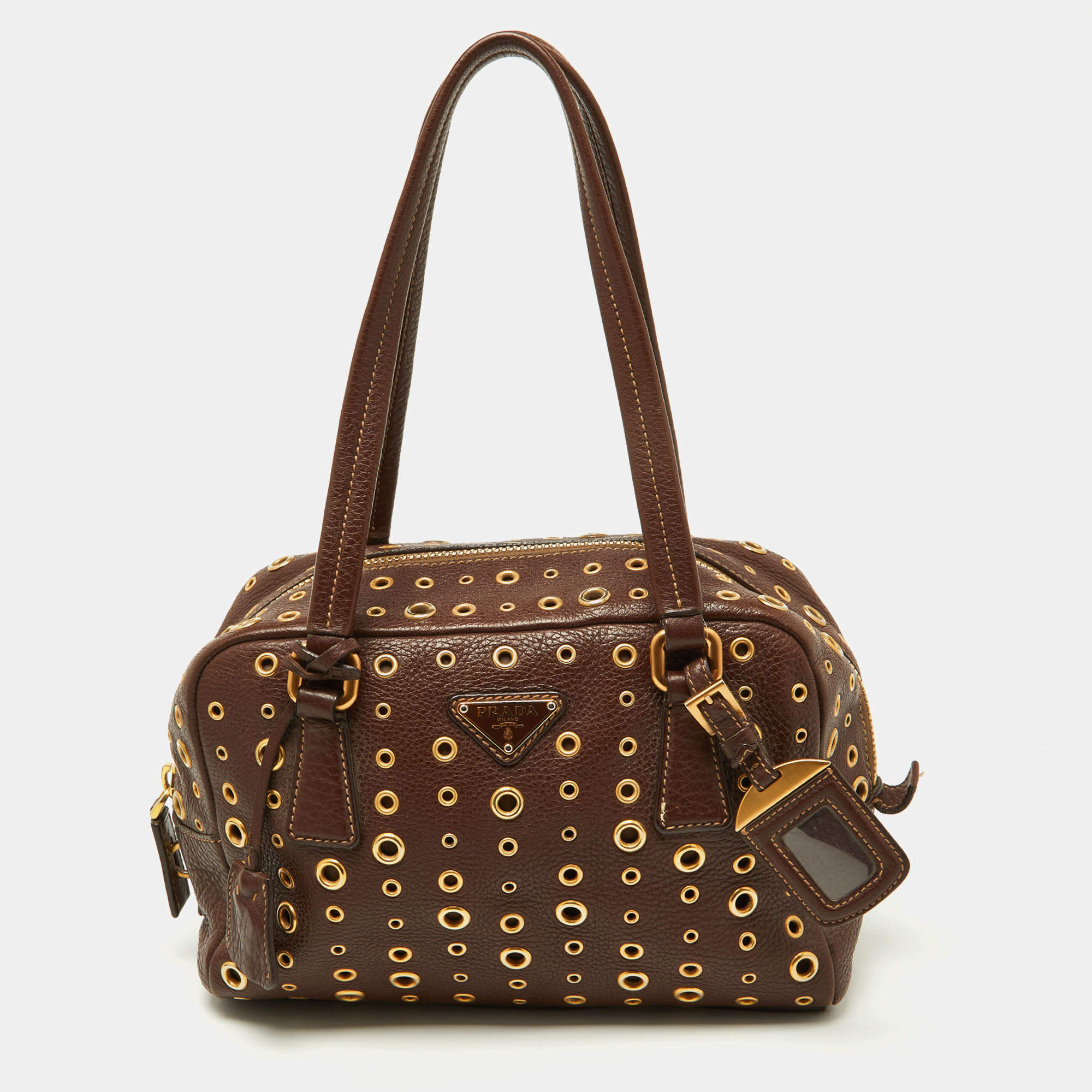 Pre Owned Prada Brown Leather Zip Grommet Bag