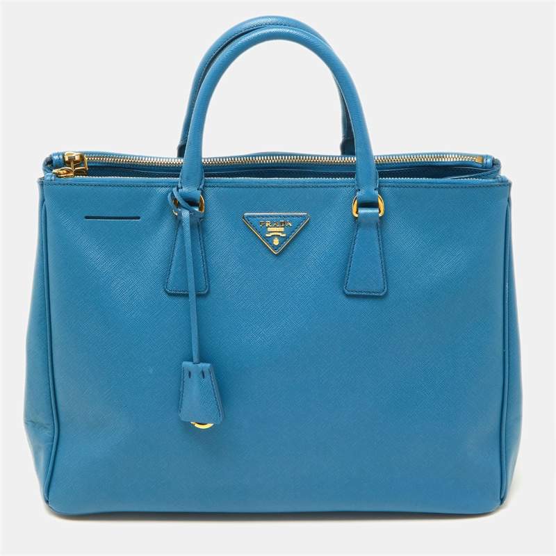 Pre Owned Prada Blue Saffiano Lux Leather Large Galleria Double Zip Tote