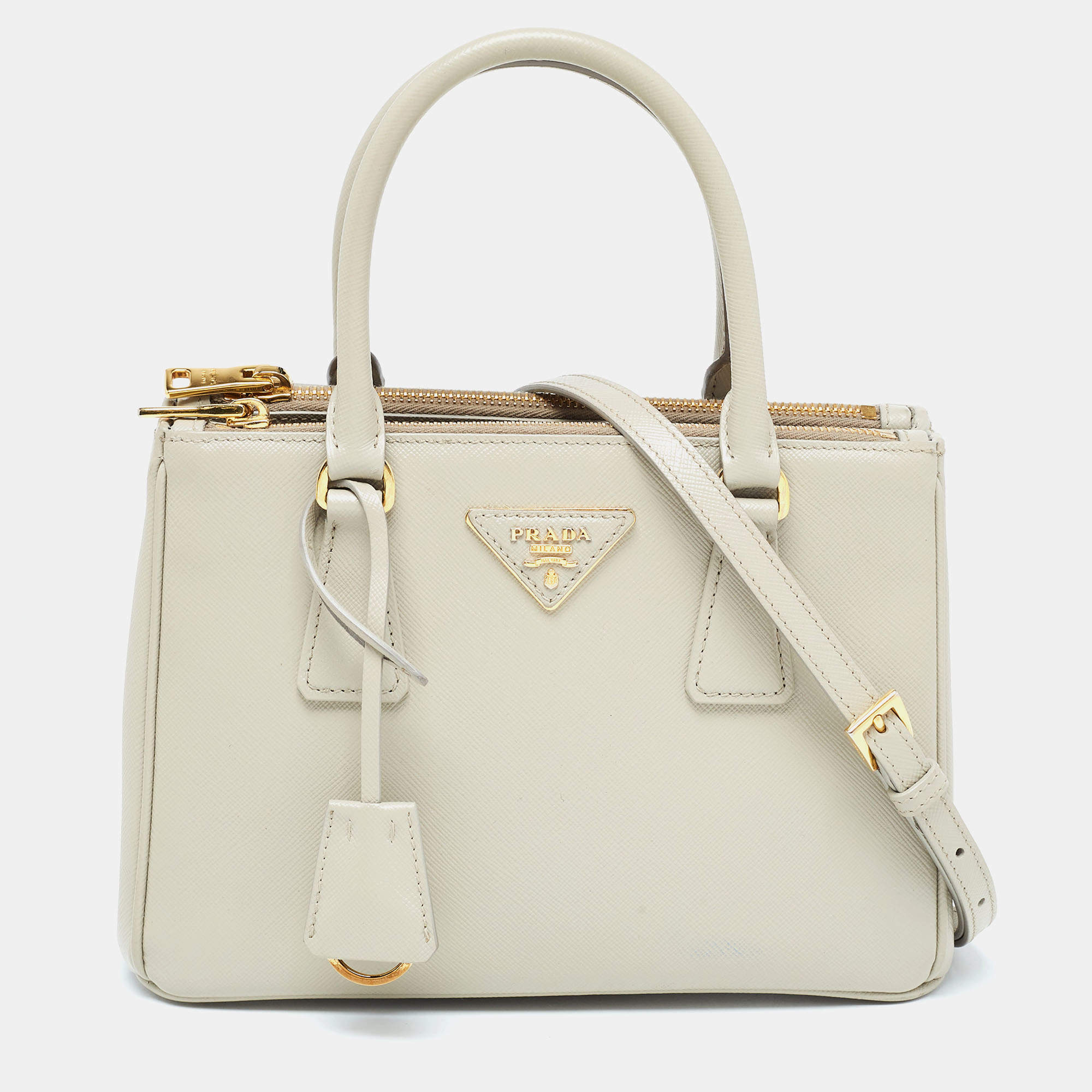 Pre Owned Prada Grey Saffiano Lux Leather Small Double Zip Tote