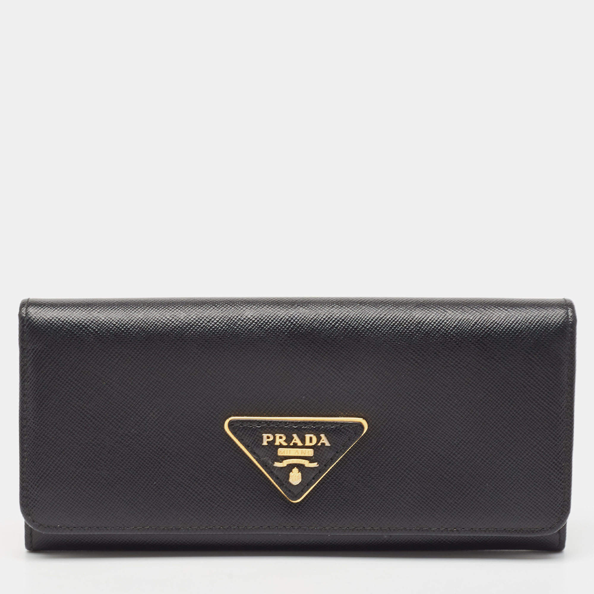 Pre Owned Prada Black Saffiano Leather Flap Continental Wallet