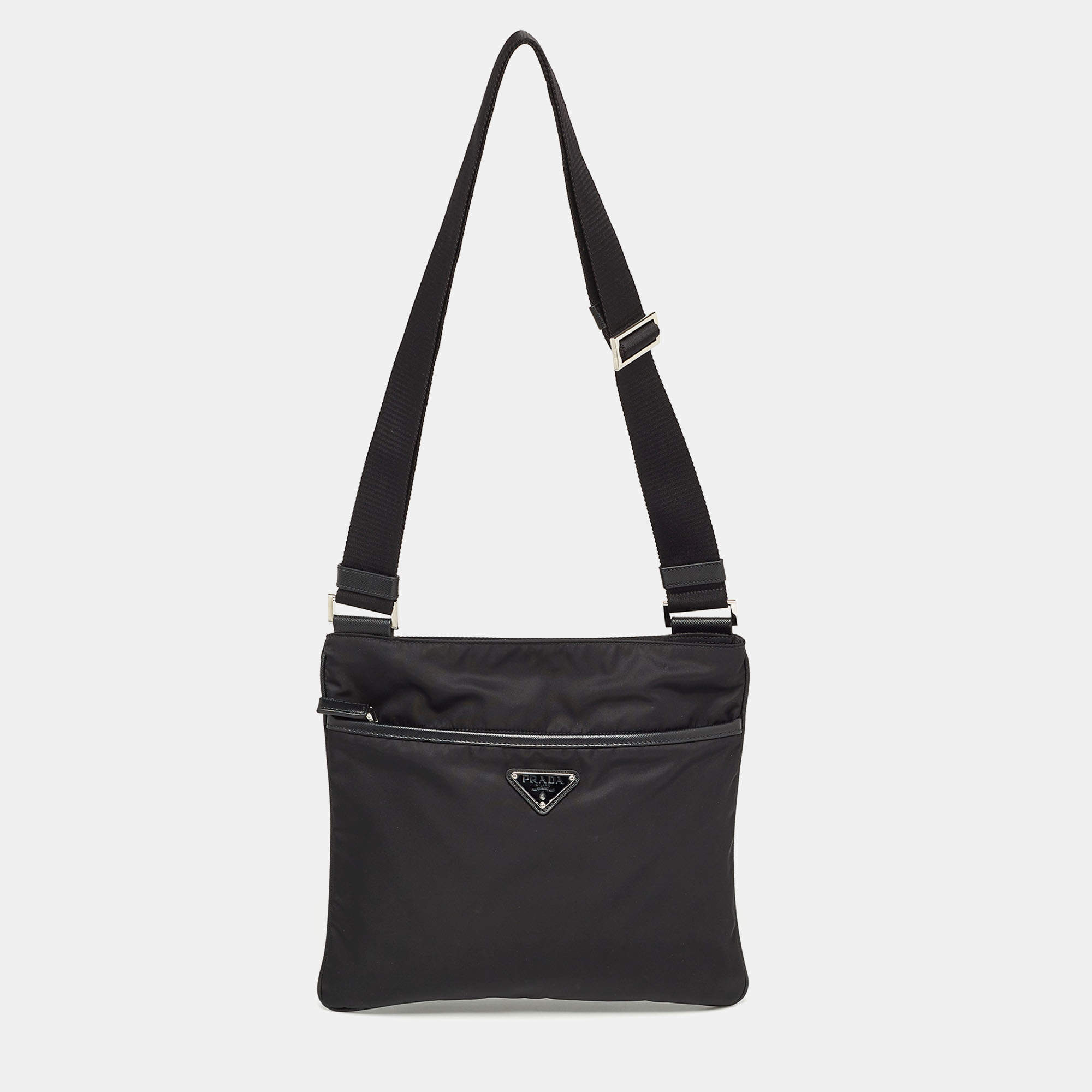 Prada Black Nylon and Leather Triangular Logo Messenger Bag
