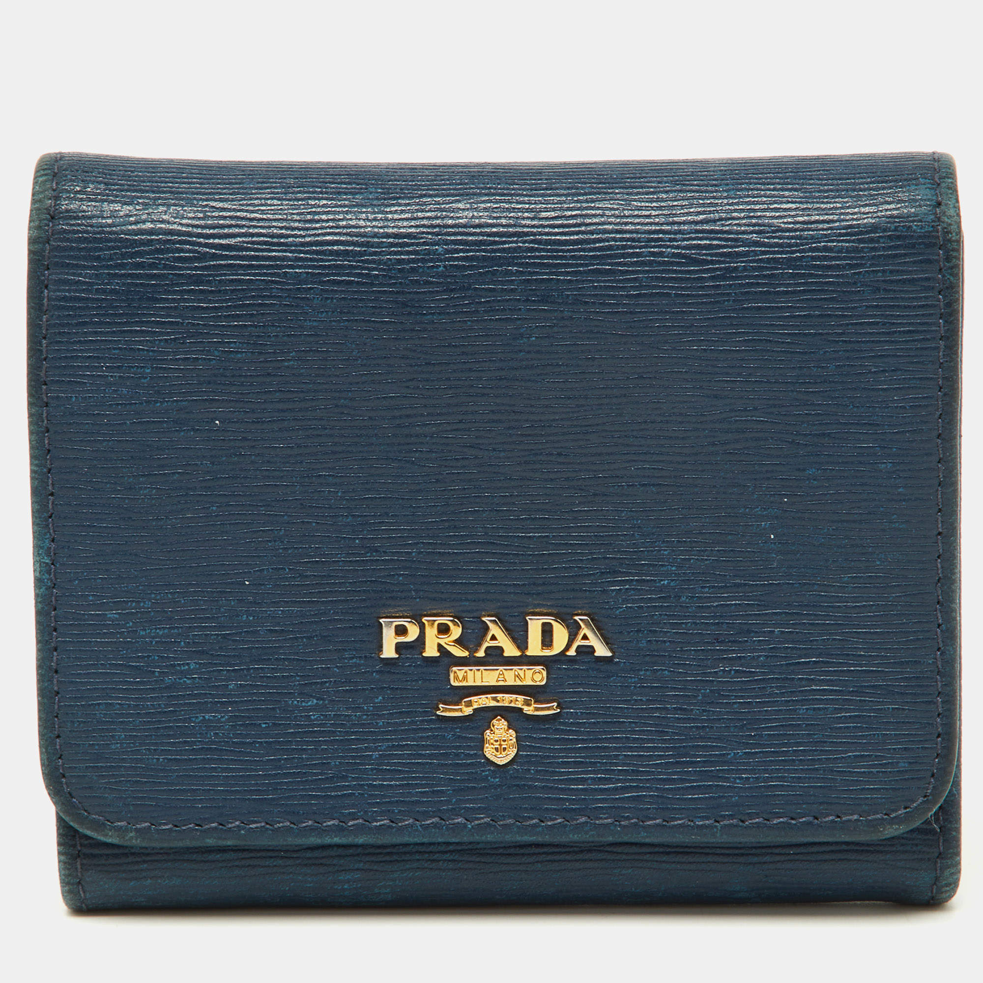 Prada Blue Vittello Move Leather Trifold Wallet