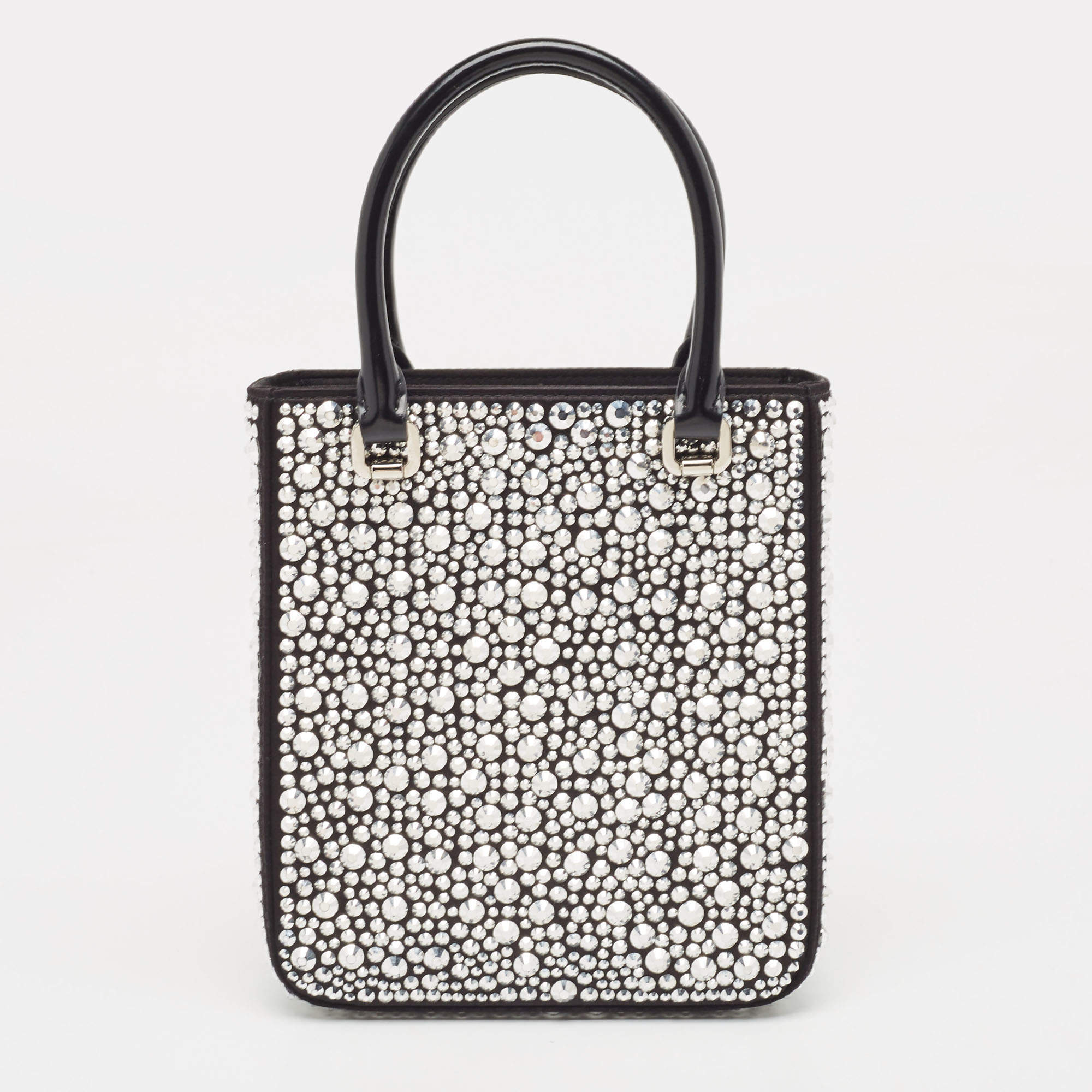 Prada Black Satin and Leather Small Crystal Embellished Tote Prada