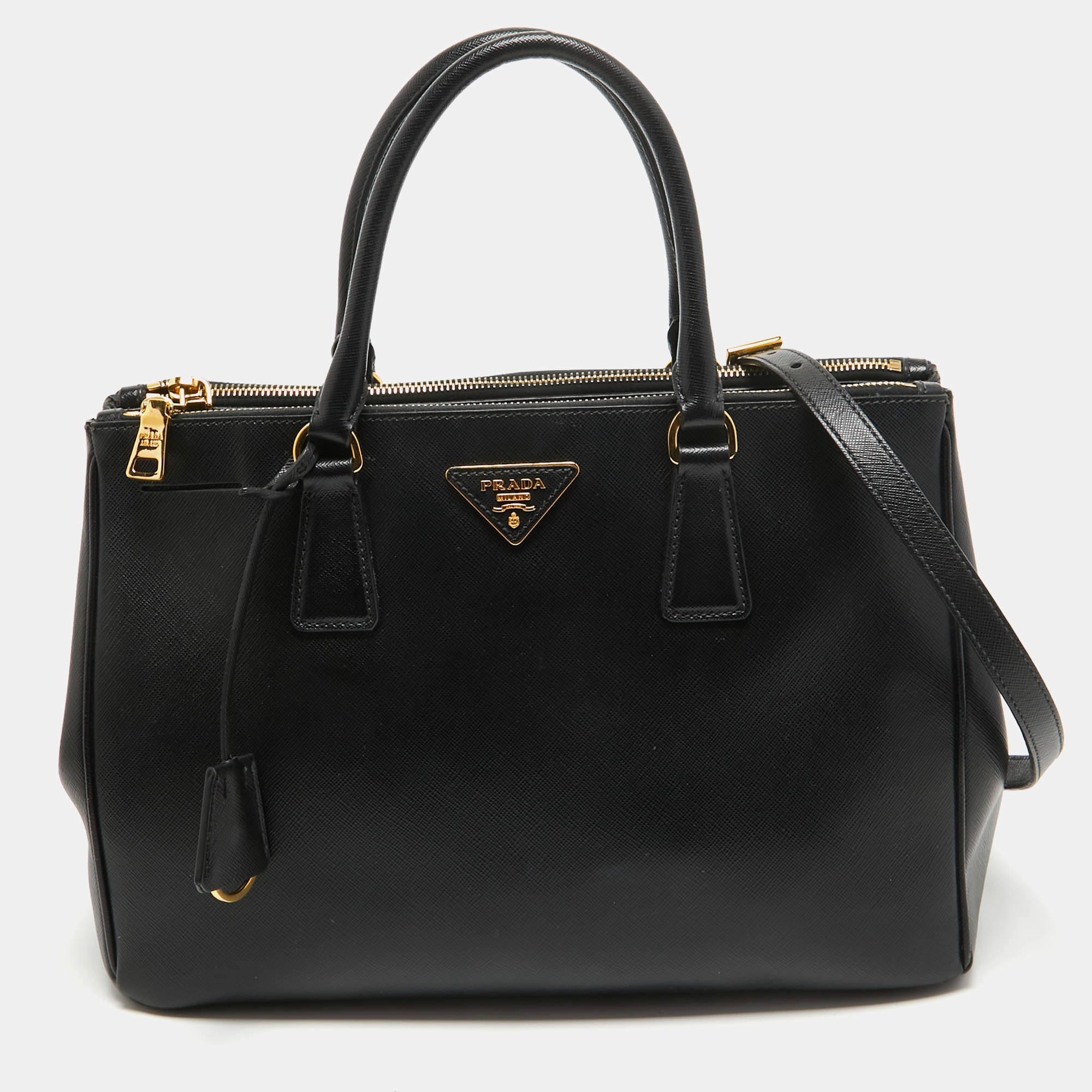 Pre Owned Prada Black Saffiano Lux Leather Medium Double Zip Tote