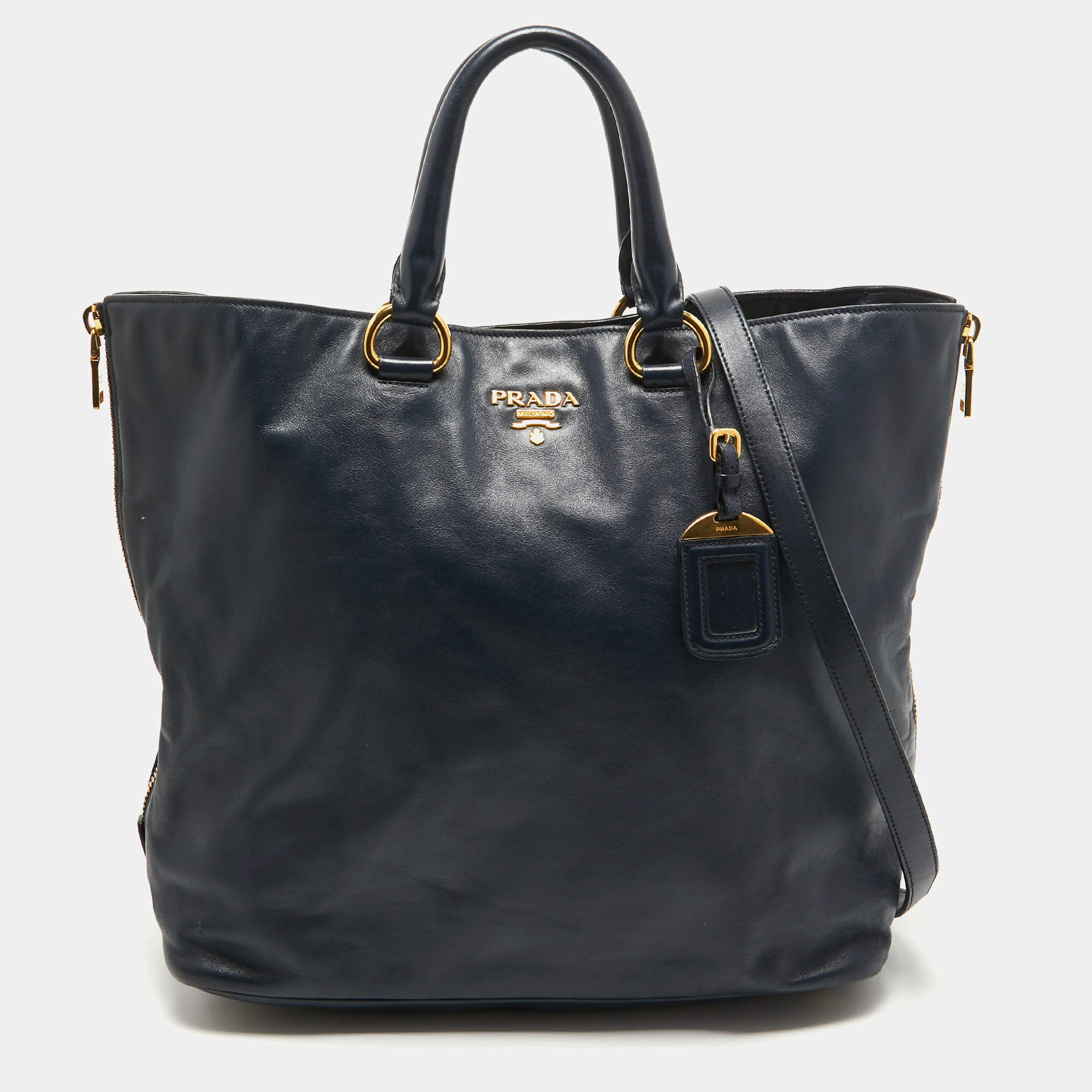 Pre Owned Prada Navy Blue Leather Side Zip Tote