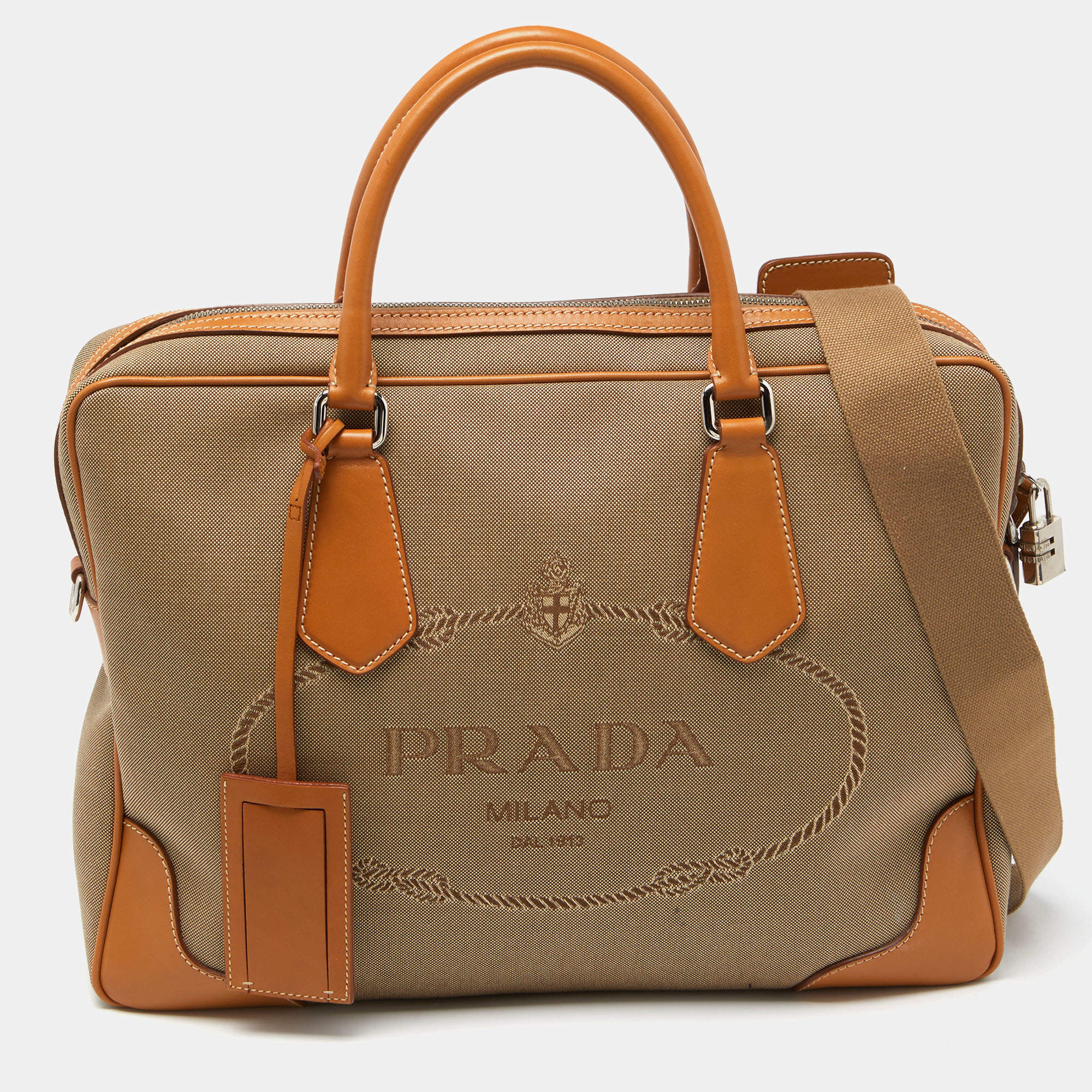 Pre Owned Prada Beige/Brown Logo Jacquard and Leather Bauletto Bag