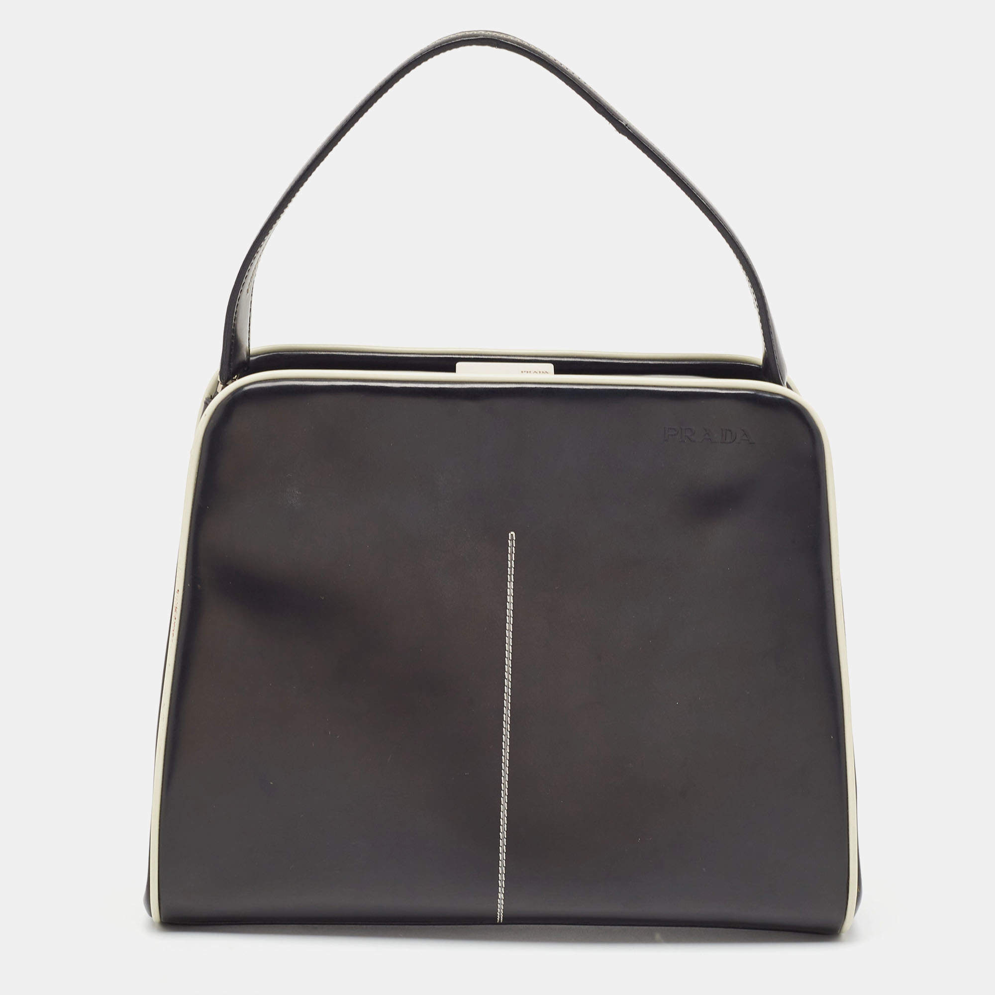 Prada Black/White Patent Leather Frame Top Handle Bag