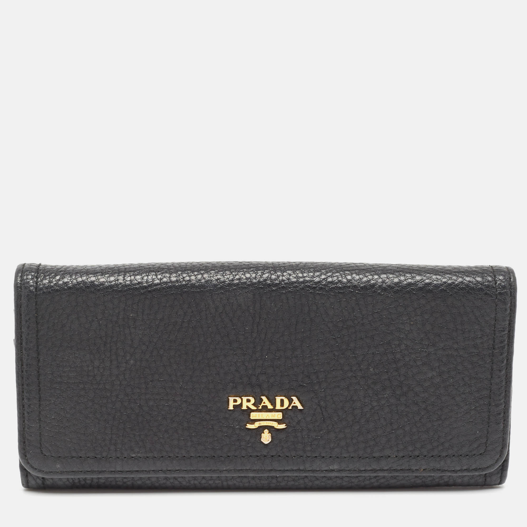 Pre Owned Prada Black Vitello Daino Leather Logo Flap Continental Wallet