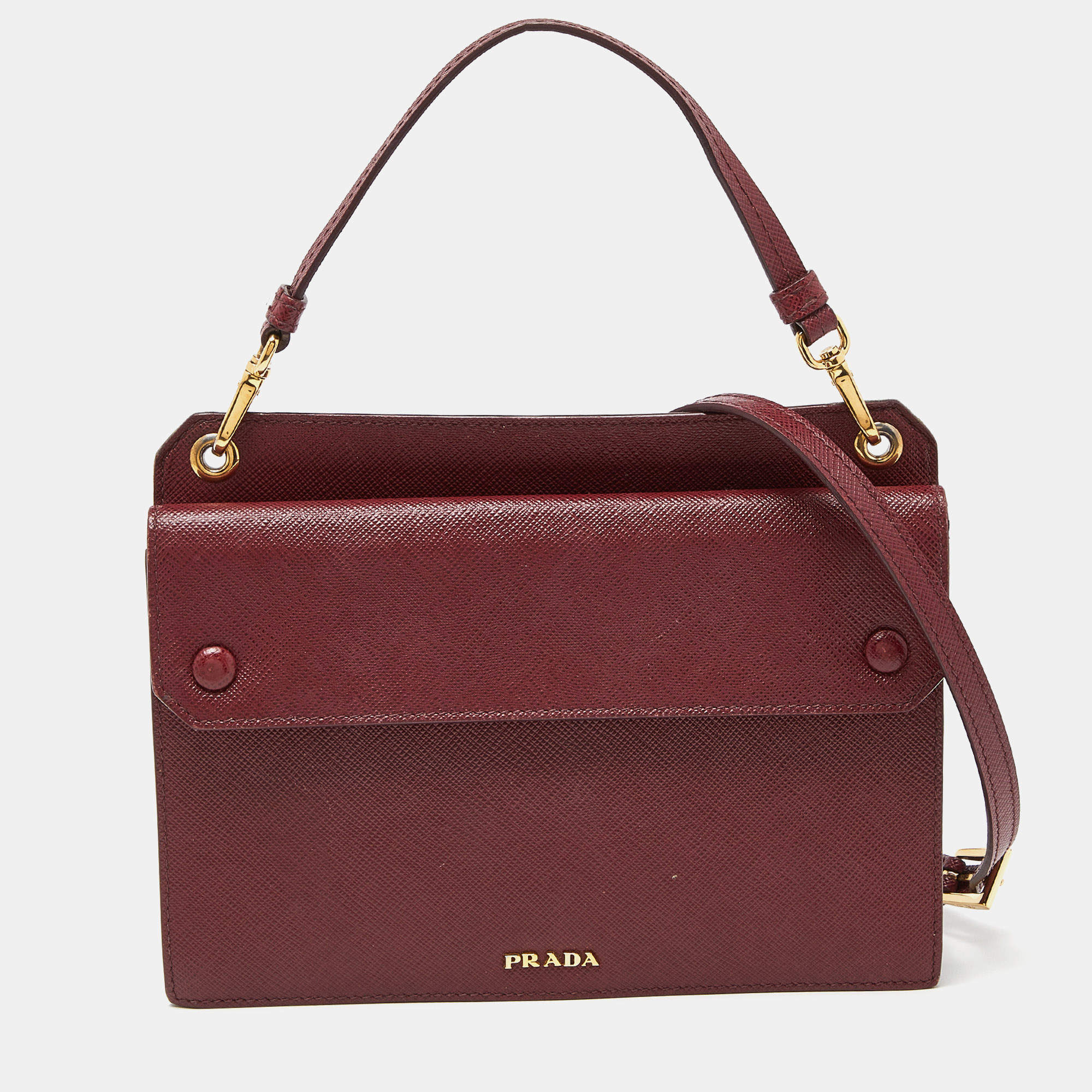 Pre Owned Prada Burgundy Saffiano Lux Leather Flap Top Handle Bag