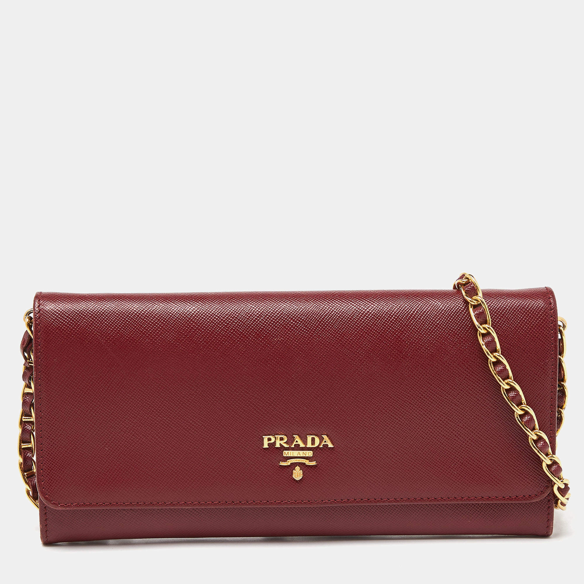 Pre Owned Prada Dark Red Saffiano Metal Leather Wallet On Chain