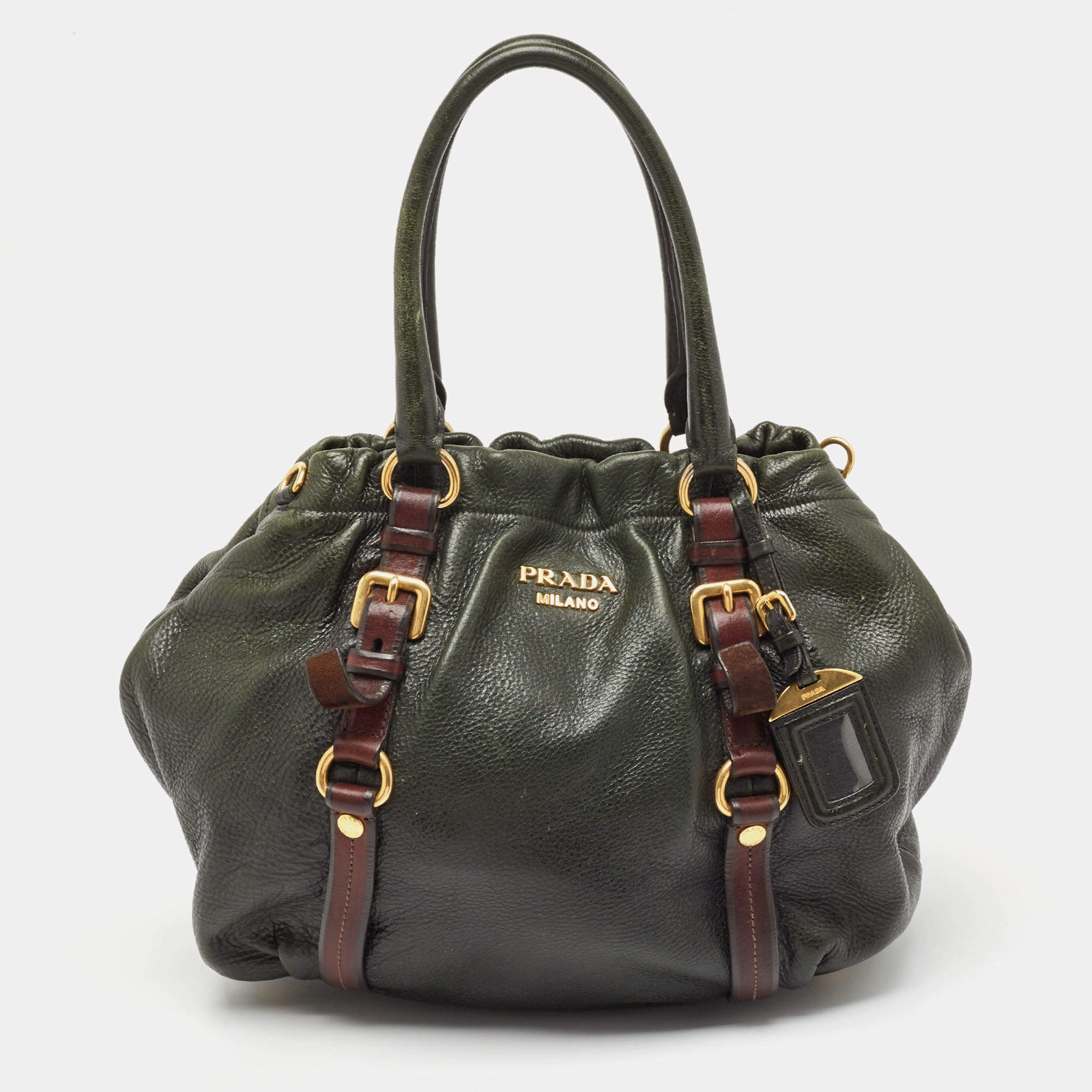 مملوكة مسبقًا Prada Dark Green/Brown Vitello Daino Leather Buckle Hobo 