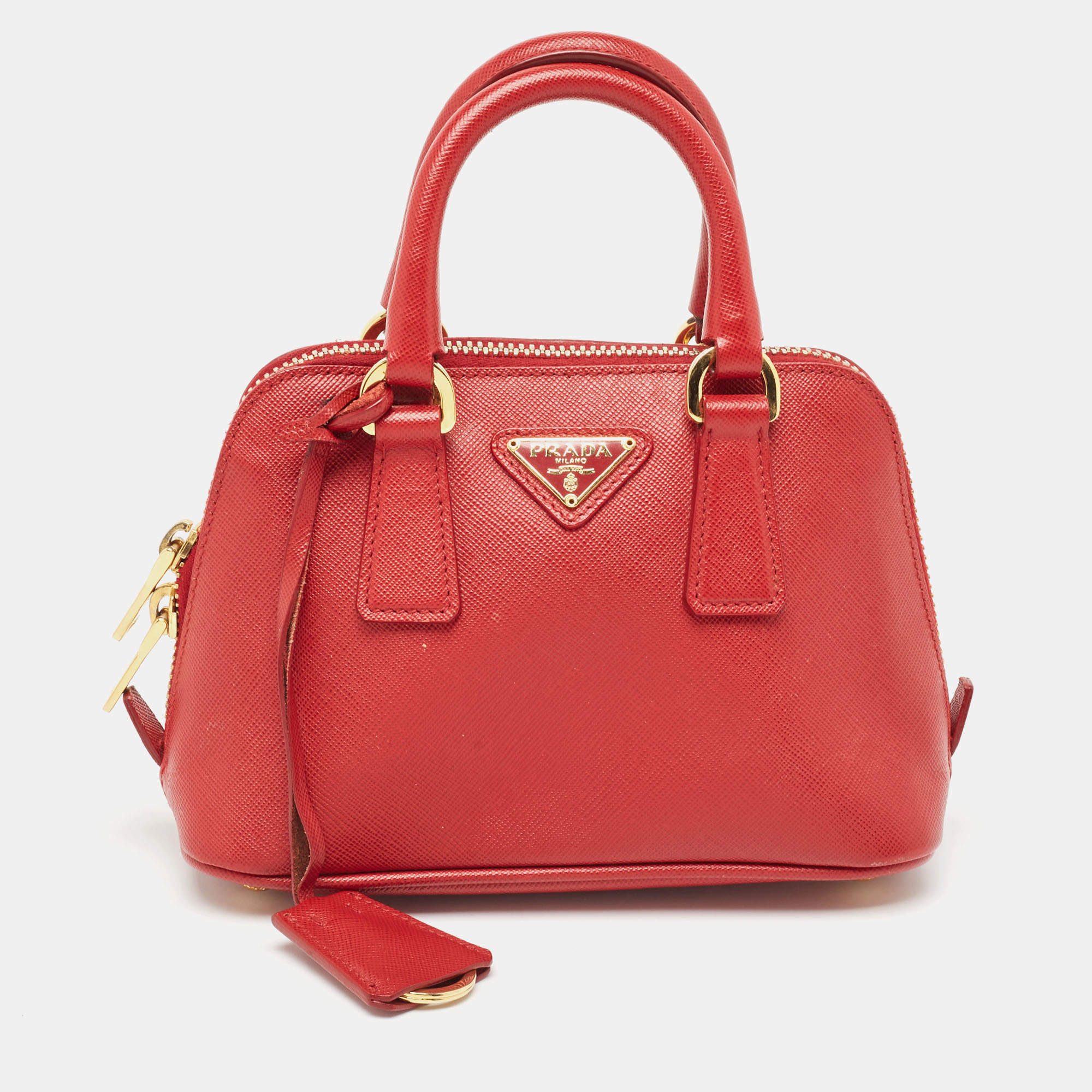 Pre Owned Prada Red Saffiano Lux Leather Mini Promenade Satchel