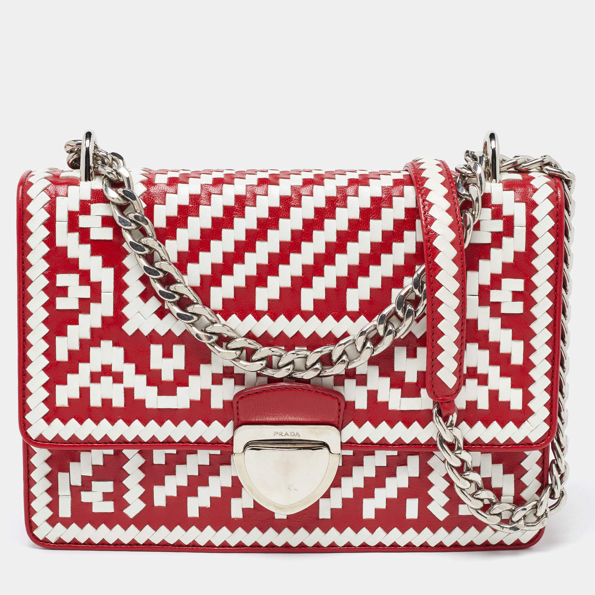 Prada Red/White Madras Woven Leather Pushlock Flap Bag